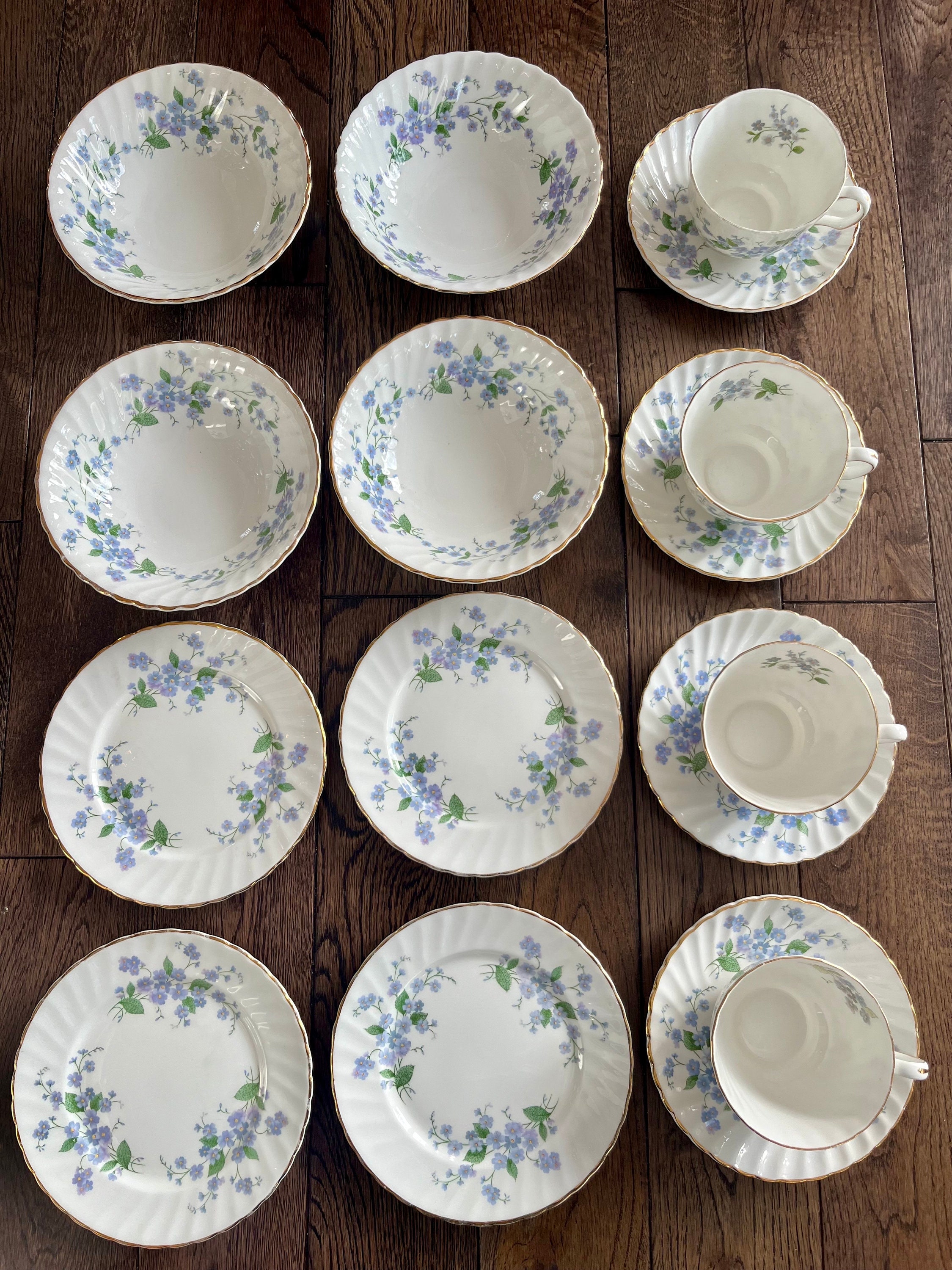 Royal Adderley “Sweet Forget Me Not” - Vintage English Fine Bone China Complete Dinner Set for 2 Persons - 15 items, front view