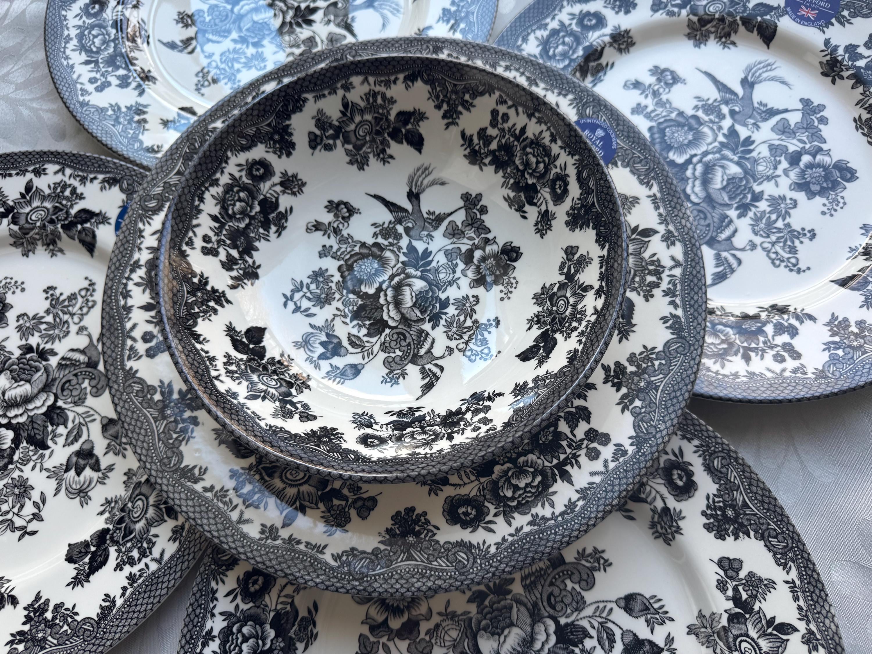 Royal Stafford Asiatic Pheasant Plates or Bowls - Black Transferware Set, front view