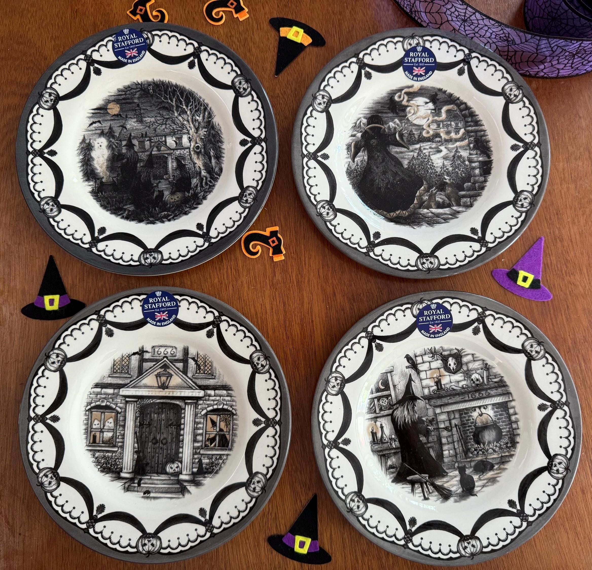 Royal Stafford Halloween Dinner Plates: Wicked Witches Coven Transferware (Set of 4), front view