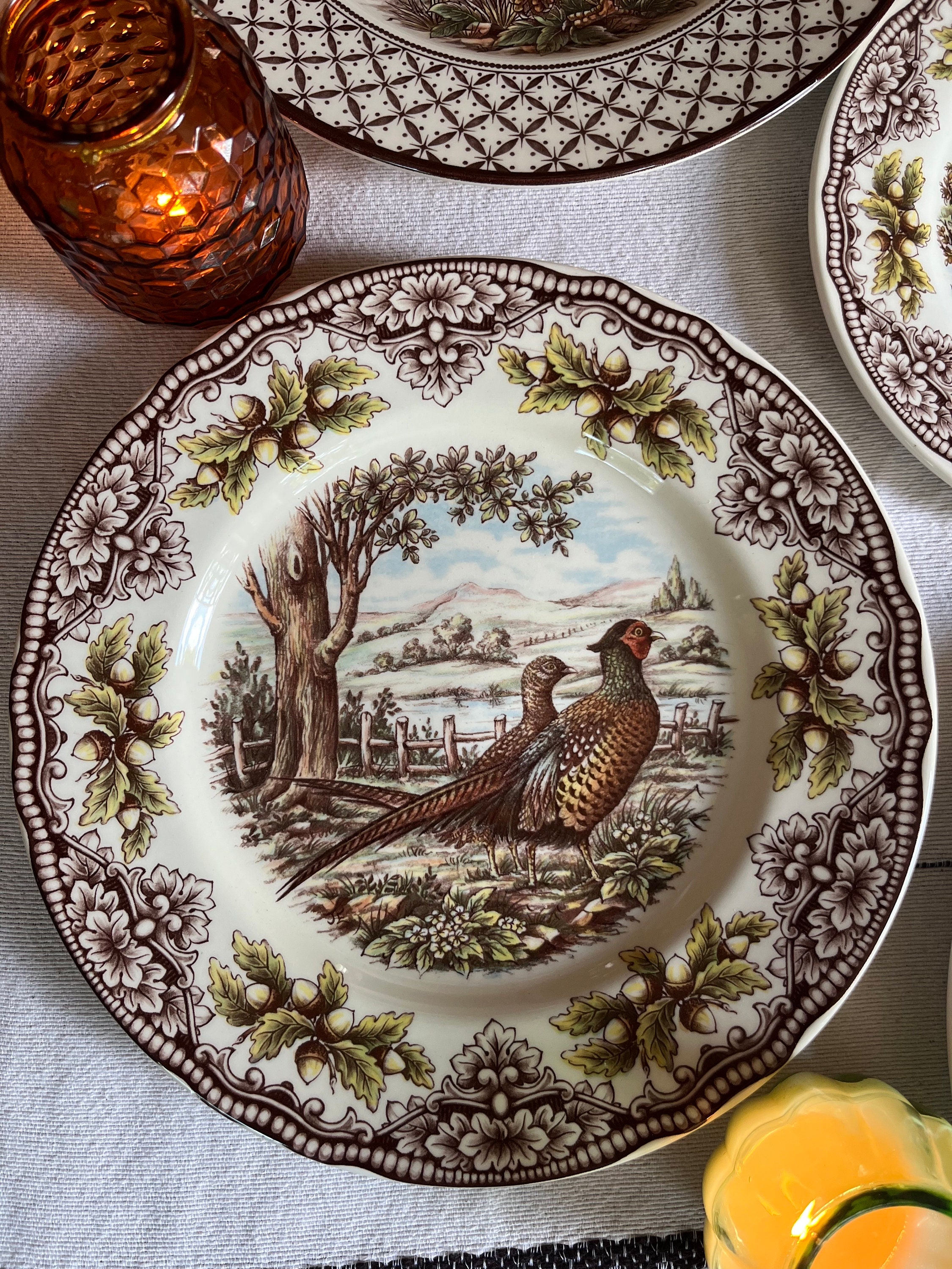 Royal Stafford Transferware Dinner Plates: Thanksgiving Fall Decor, Made in England, detail view 2