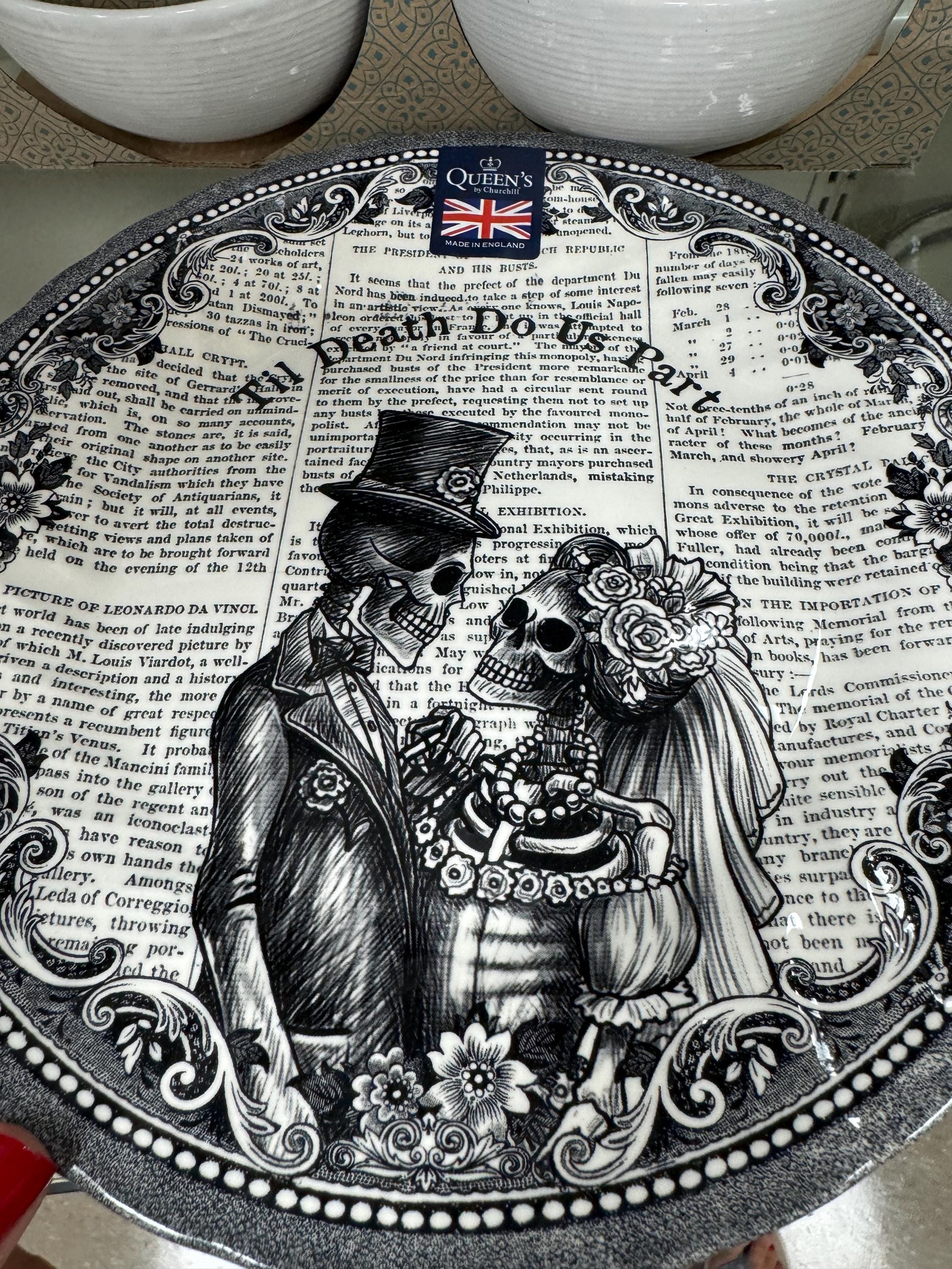 Skeleton Wedding Halloween Plate: Royal Wessex Transferware Dinner Plate, front view