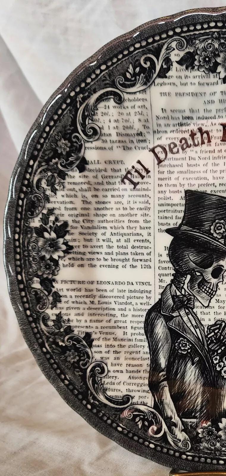 Skeleton Wedding Halloween Plate: Royal Wessex Transferware Dinner Plate, detail view 3