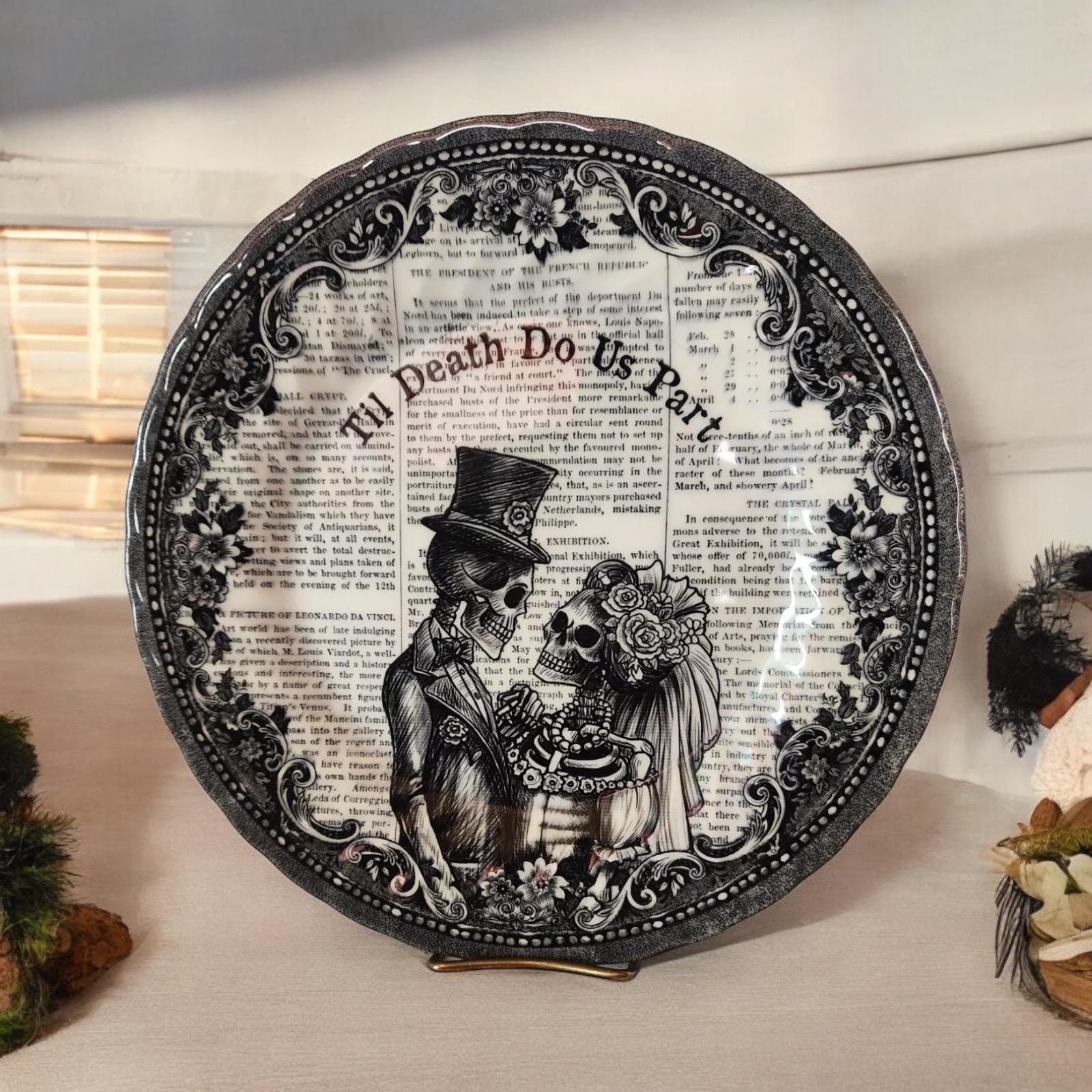 Skeleton Wedding Halloween Plate: Royal Wessex Transferware Dinner Plate, detail view 4