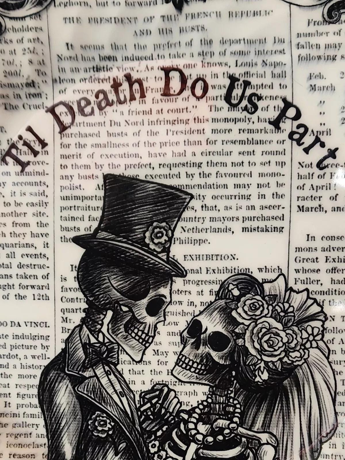 Skeleton Wedding Halloween Plate: Royal Wessex Transferware Dinner Plate, detail view 7