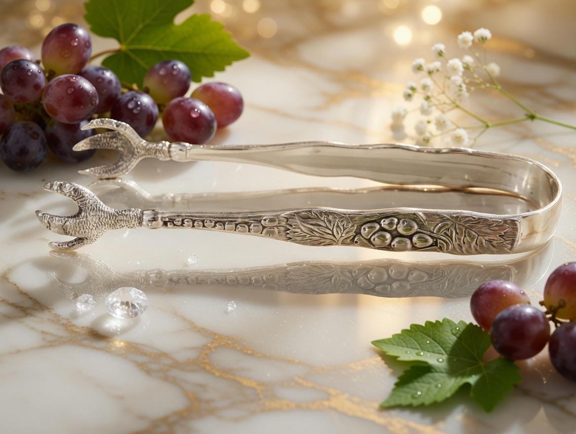 Sterling Silver Sugar Tongs – Grape Motif with Figural Claw Ends – 4” Vintage Tea Accessory, front view