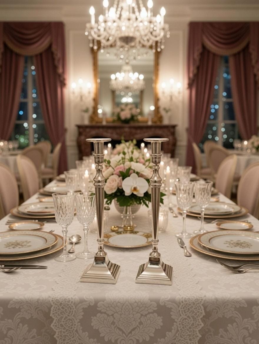 Tall Bombay Candlesticks – Lightly Gilded Silver Tone Wedding Table Centerpiece Pair, front view