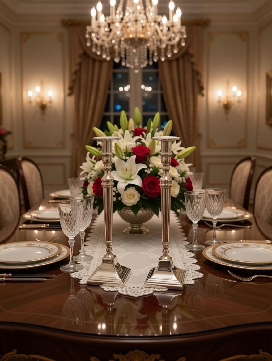 Tall Bombay Candlesticks – Lightly Gilded Silver Tone Wedding Table Centerpiece Pair, detail view 2