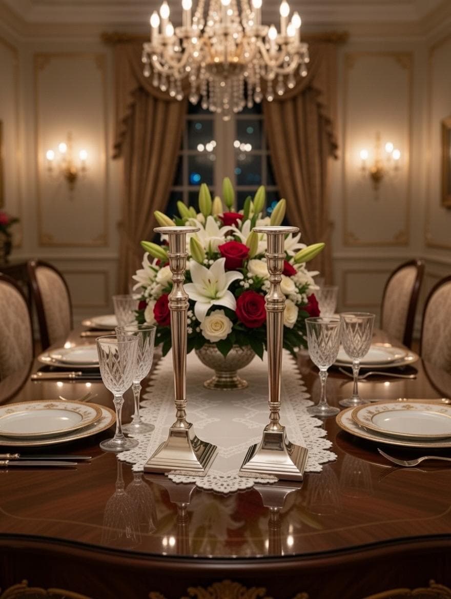 Tall Bombay Candlesticks – Lightly Gilded Silver Tone Wedding Table Centerpiece Pair, detail view 3