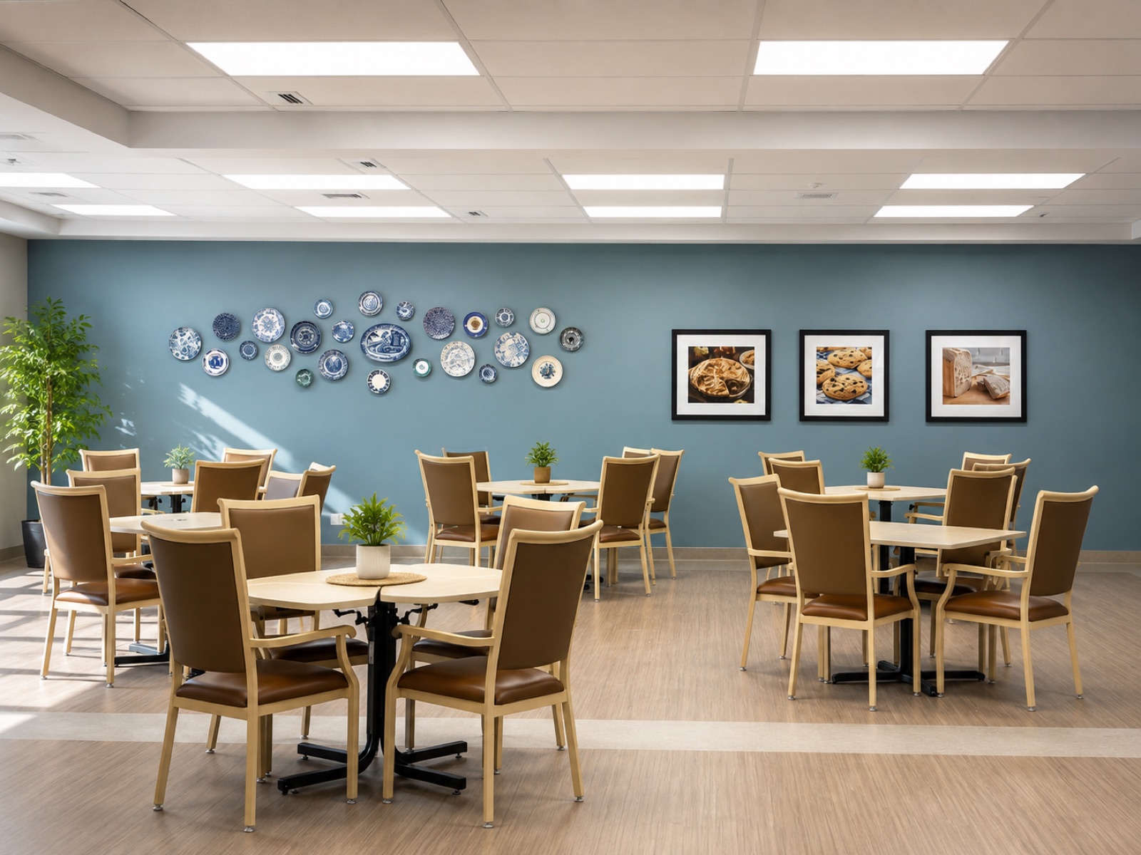Senior living dining room with a curated blue-and-white vintage plate gallery wall on a blue accent wall