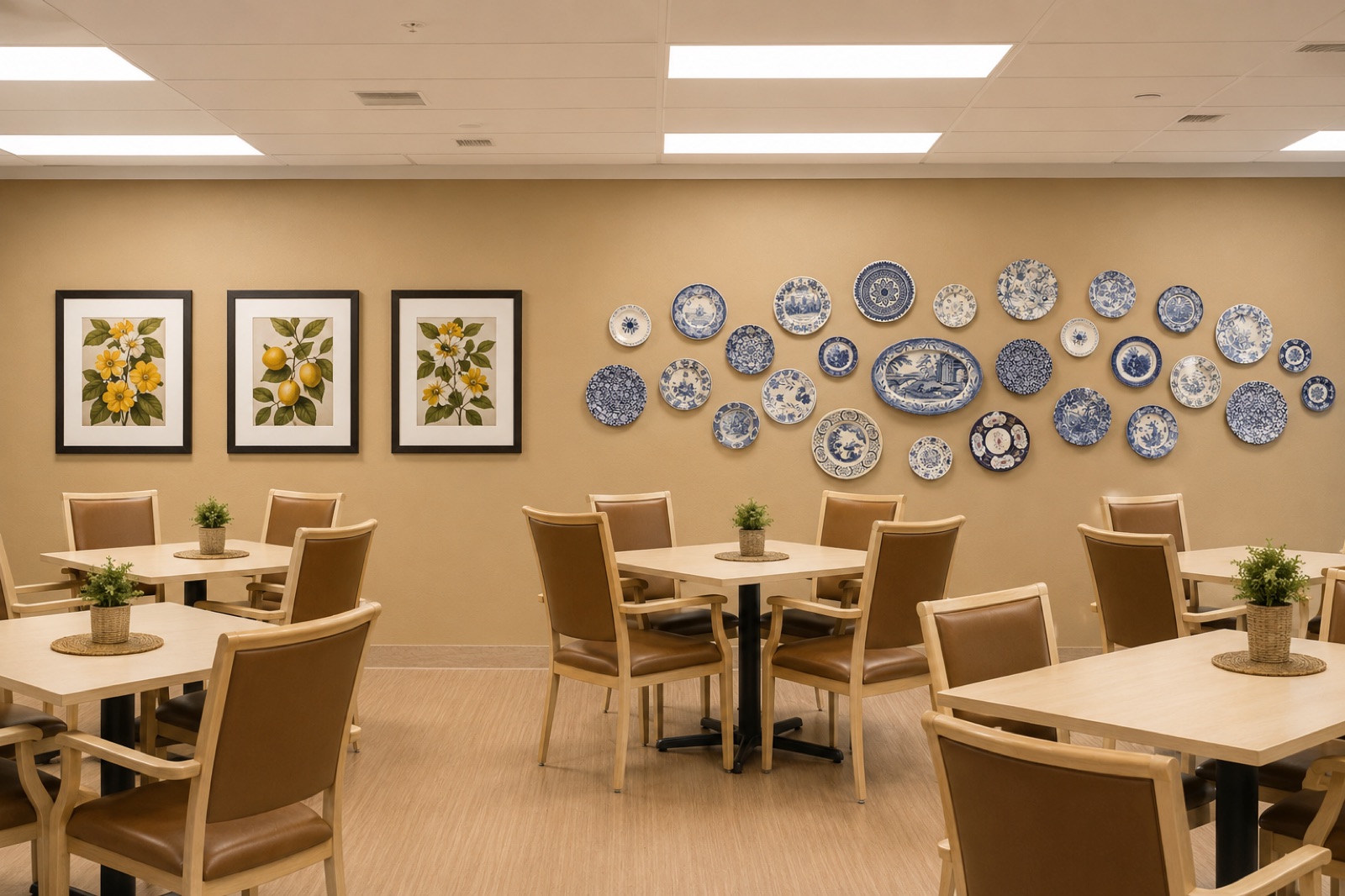 Dining room with a large blue-and-white transferware plate gallery and botanical prints on a warm tan wall
