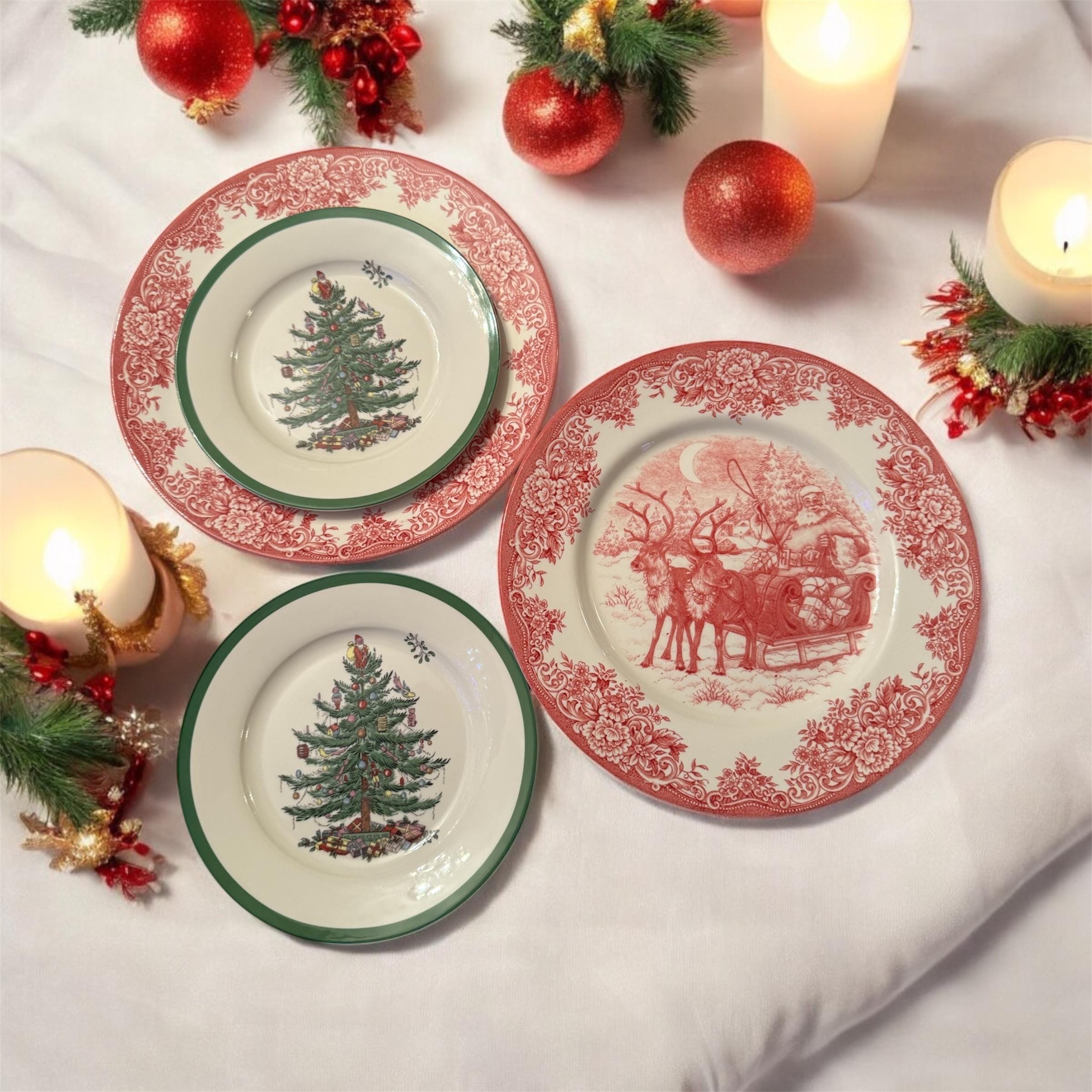 Transferware Christmas Plates — Santa's Sleigh & Spode Tree, detail view 1