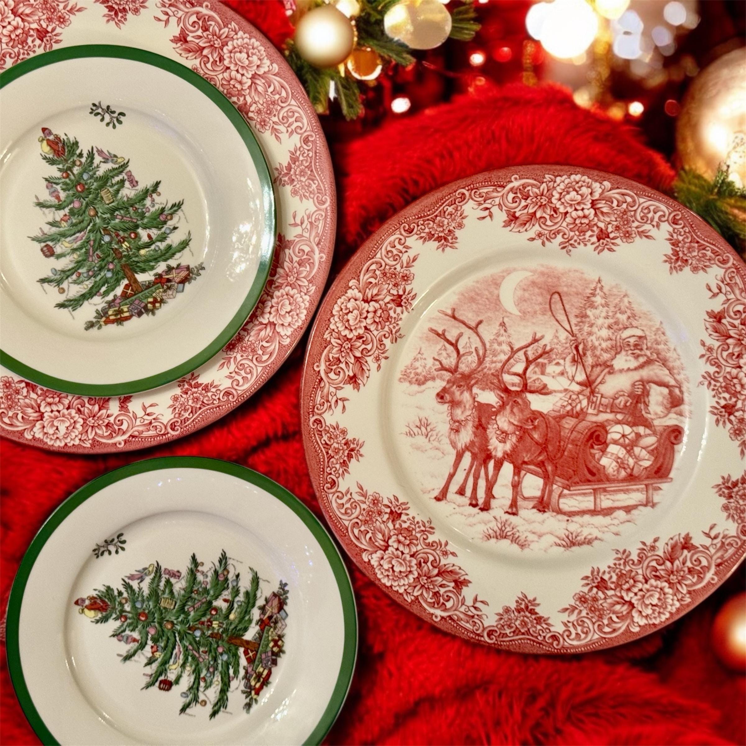 Transferware Christmas Plates — Santa's Sleigh & Spode Tree, detail view 2