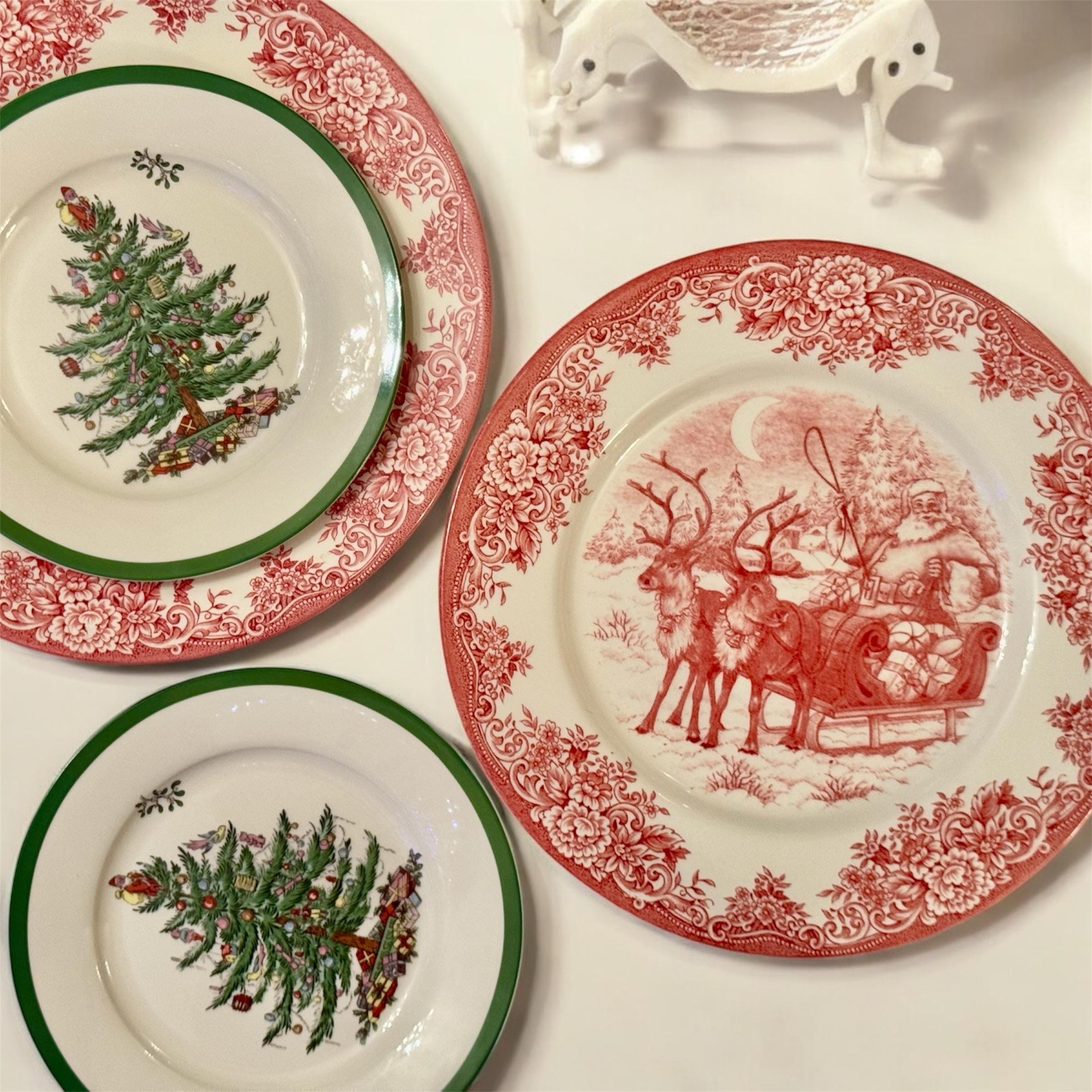 Transferware Christmas Plates — Santa's Sleigh & Spode Tree, detail view 3