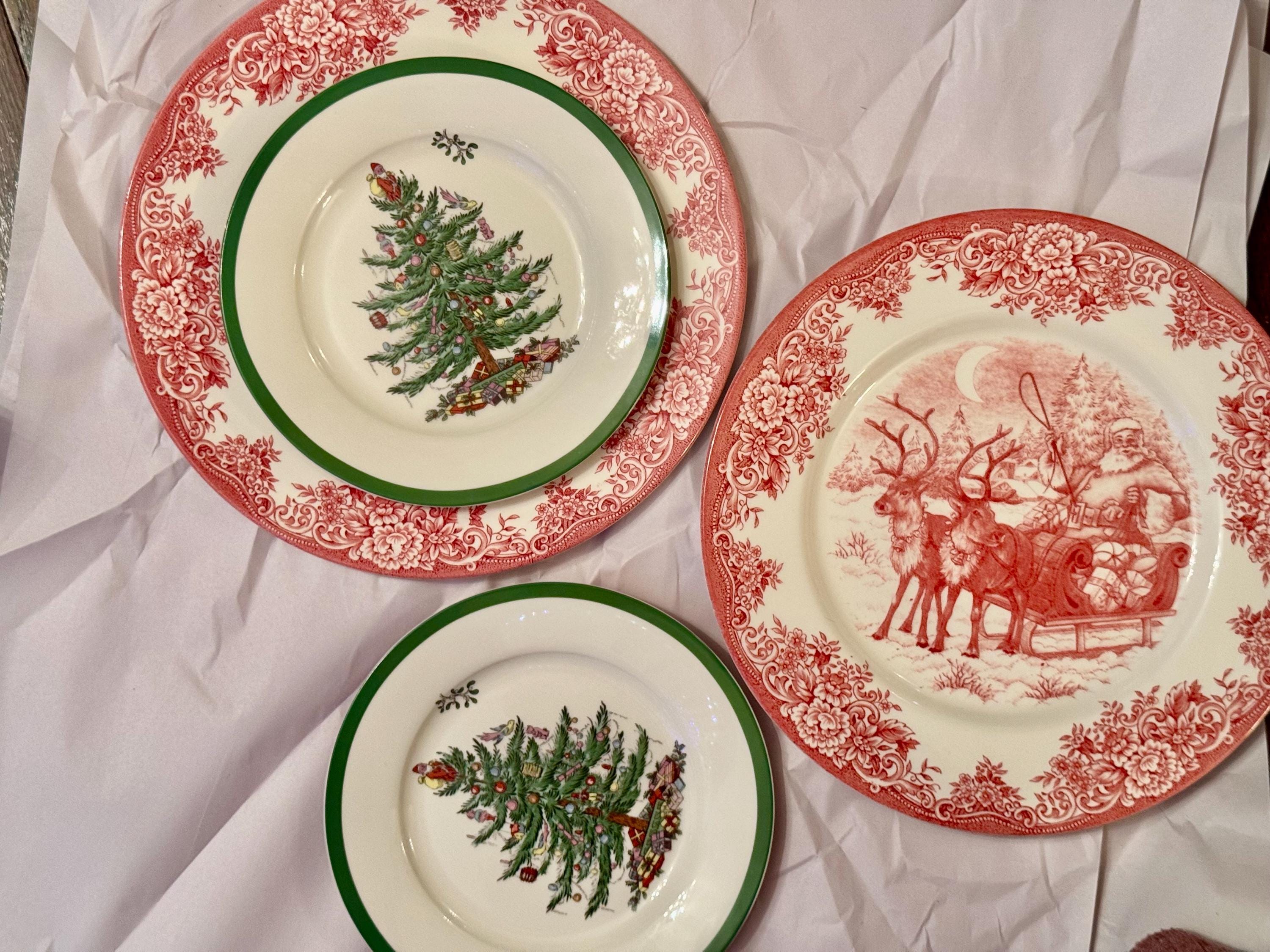 Transferware Christmas Plates — Santa's Sleigh & Spode Tree, detail view 4