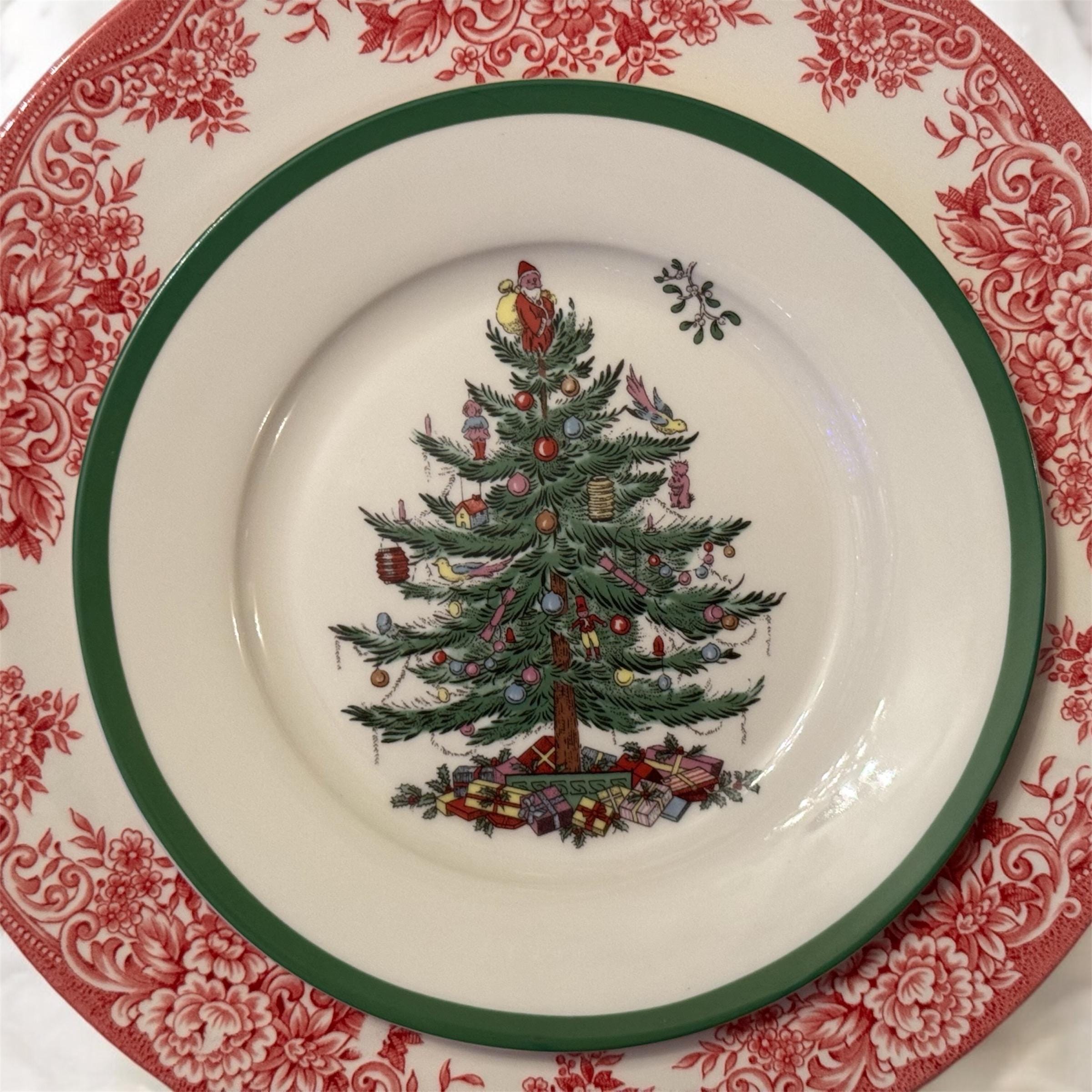 Transferware Christmas Plates — Santa's Sleigh & Spode Tree, detail view 5