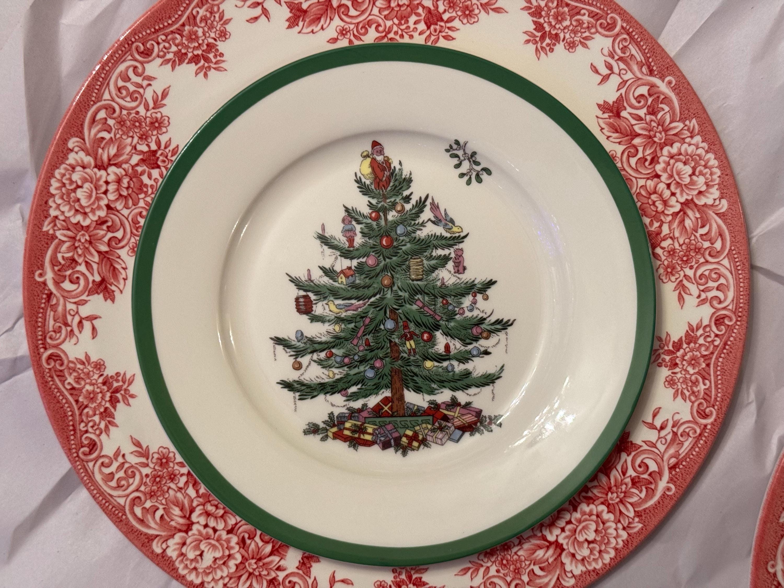 Transferware Christmas Plates — Santa's Sleigh & Spode Tree, detail view 6
