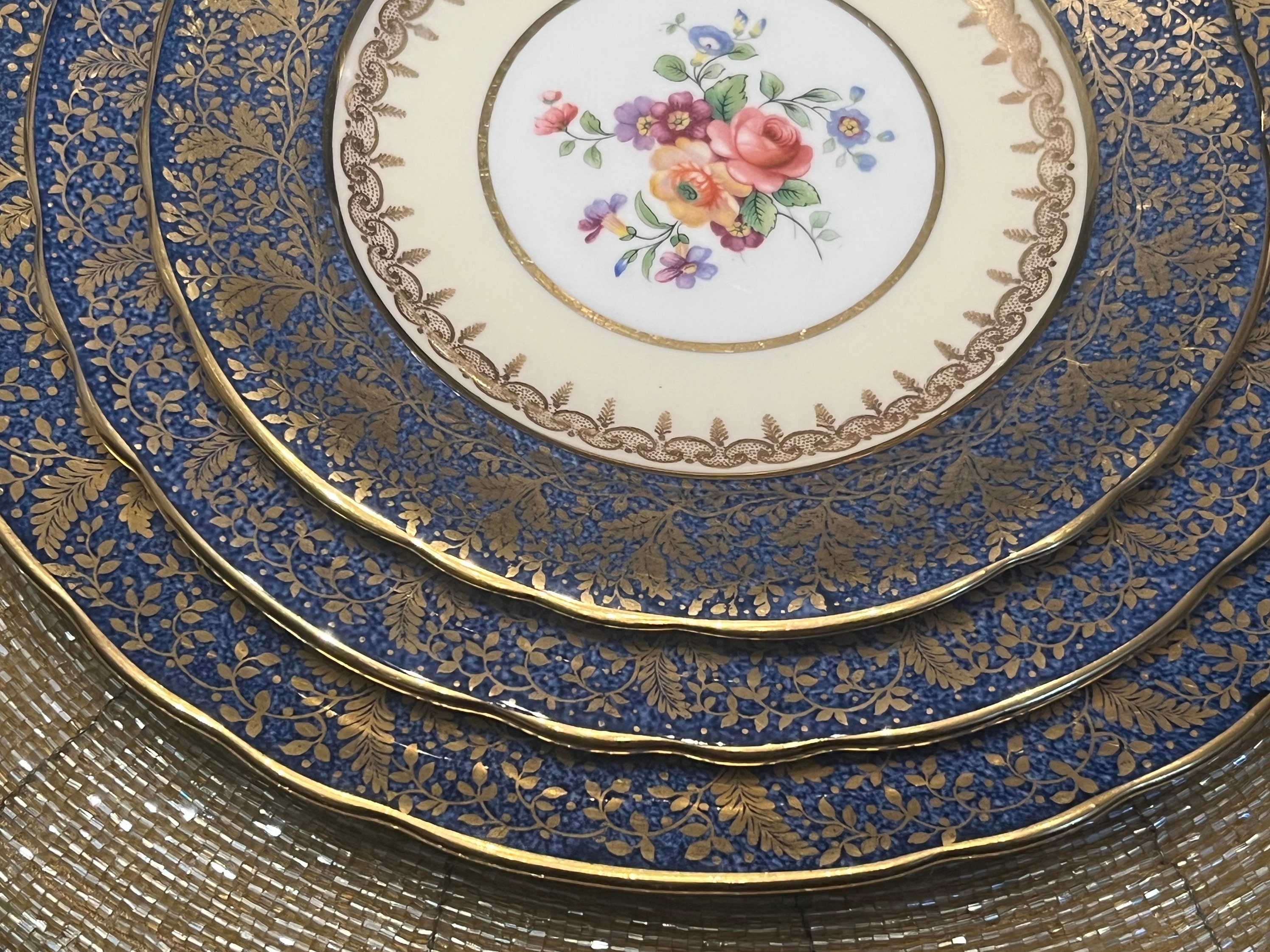 Vintage Aynsley Cobalt Gold Dinner for Two Set: Gold Encrusted Fine Bone China, front view