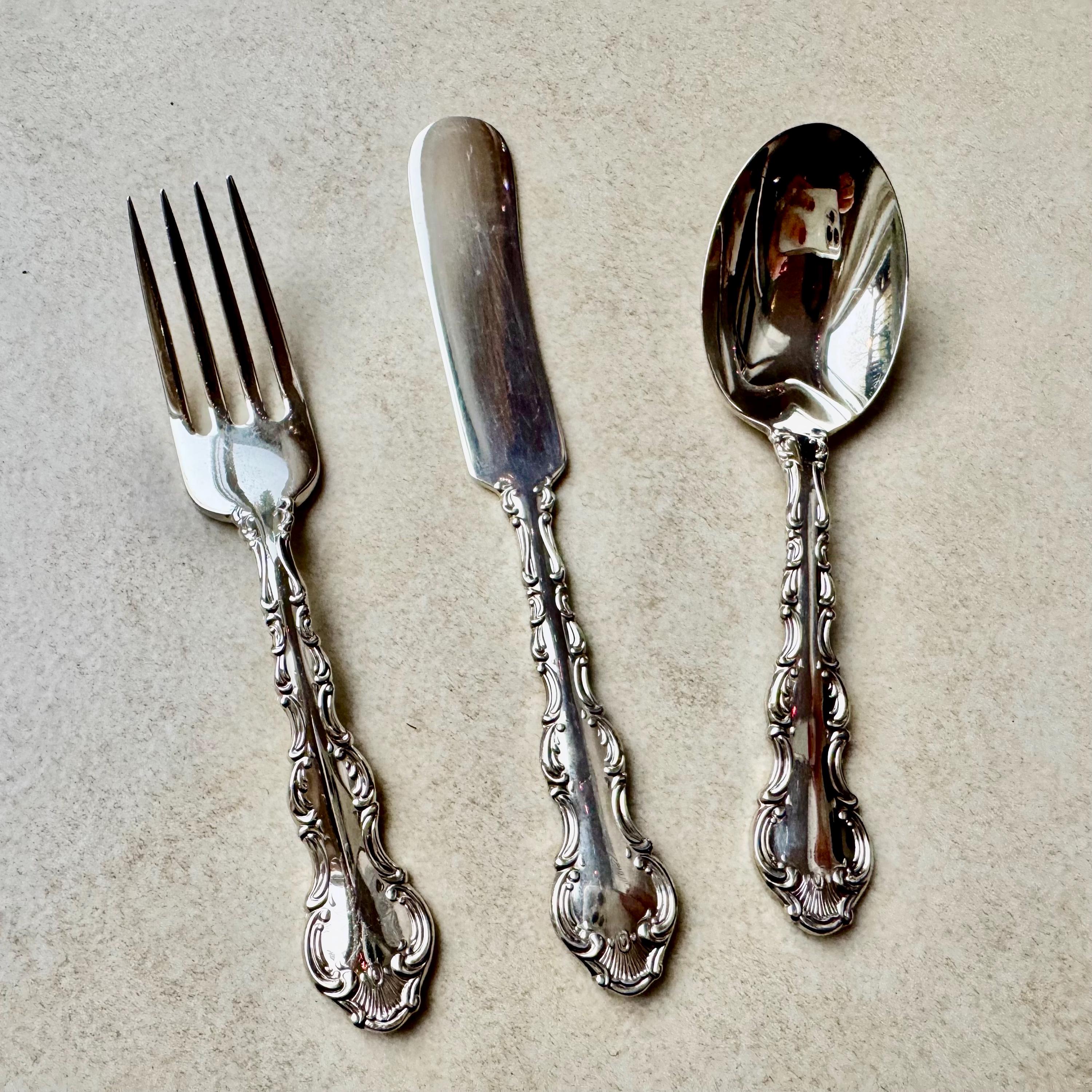 Vintage Birks Silverplate “Louis de France” Baby Set – Fork, Knife & Spoon, front view