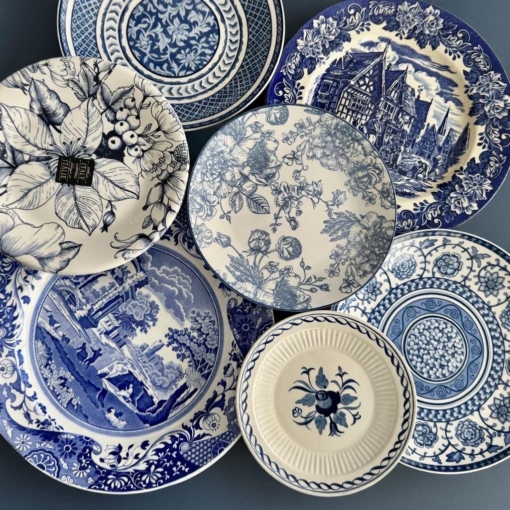 Vintage Blue & White Transferware Plate Set – English Countryside Scenes, Set of 7, front view