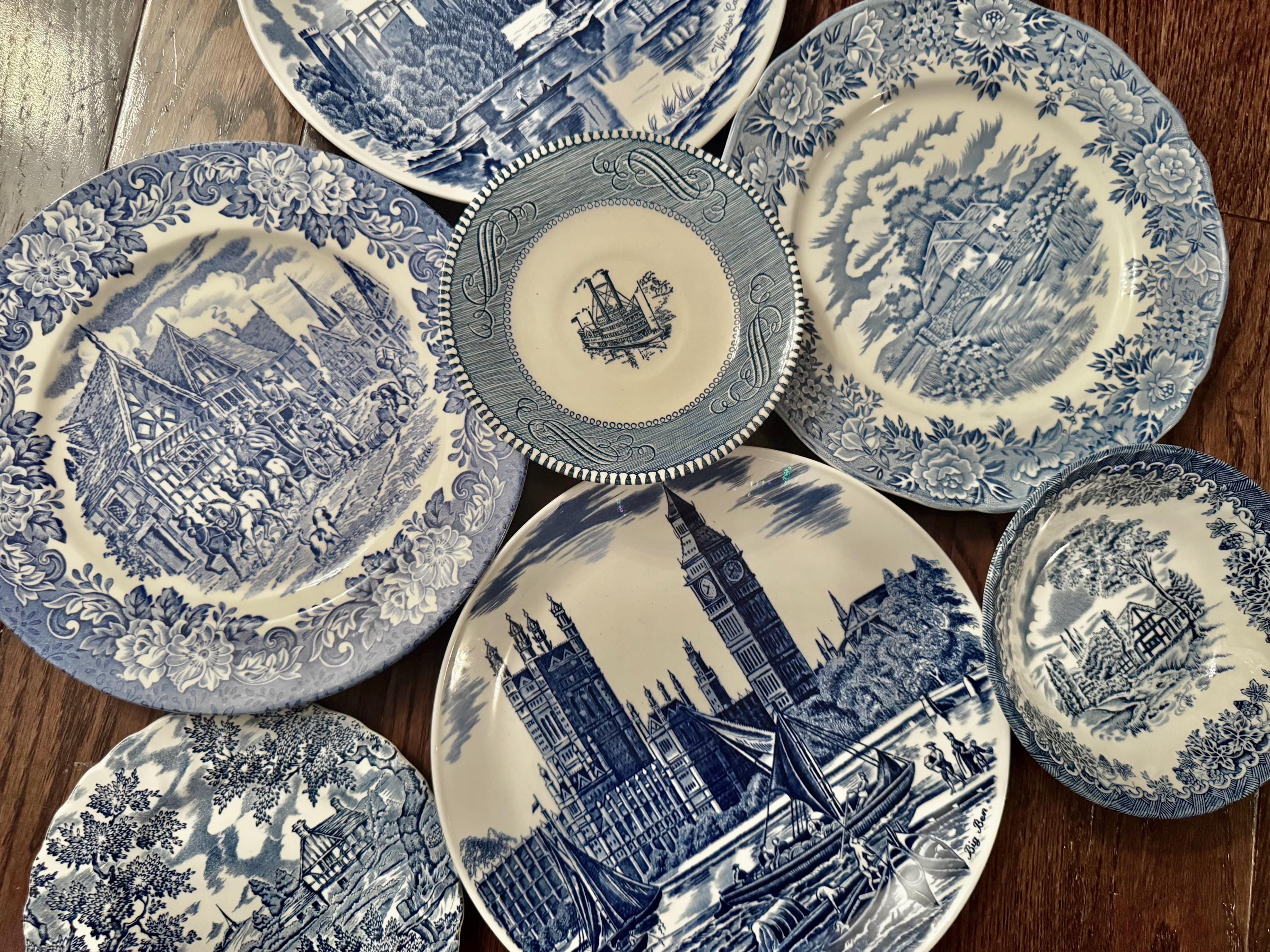 Vintage Blue & White Transferware Plates – English Countryside Scenes, Set of 7, front view