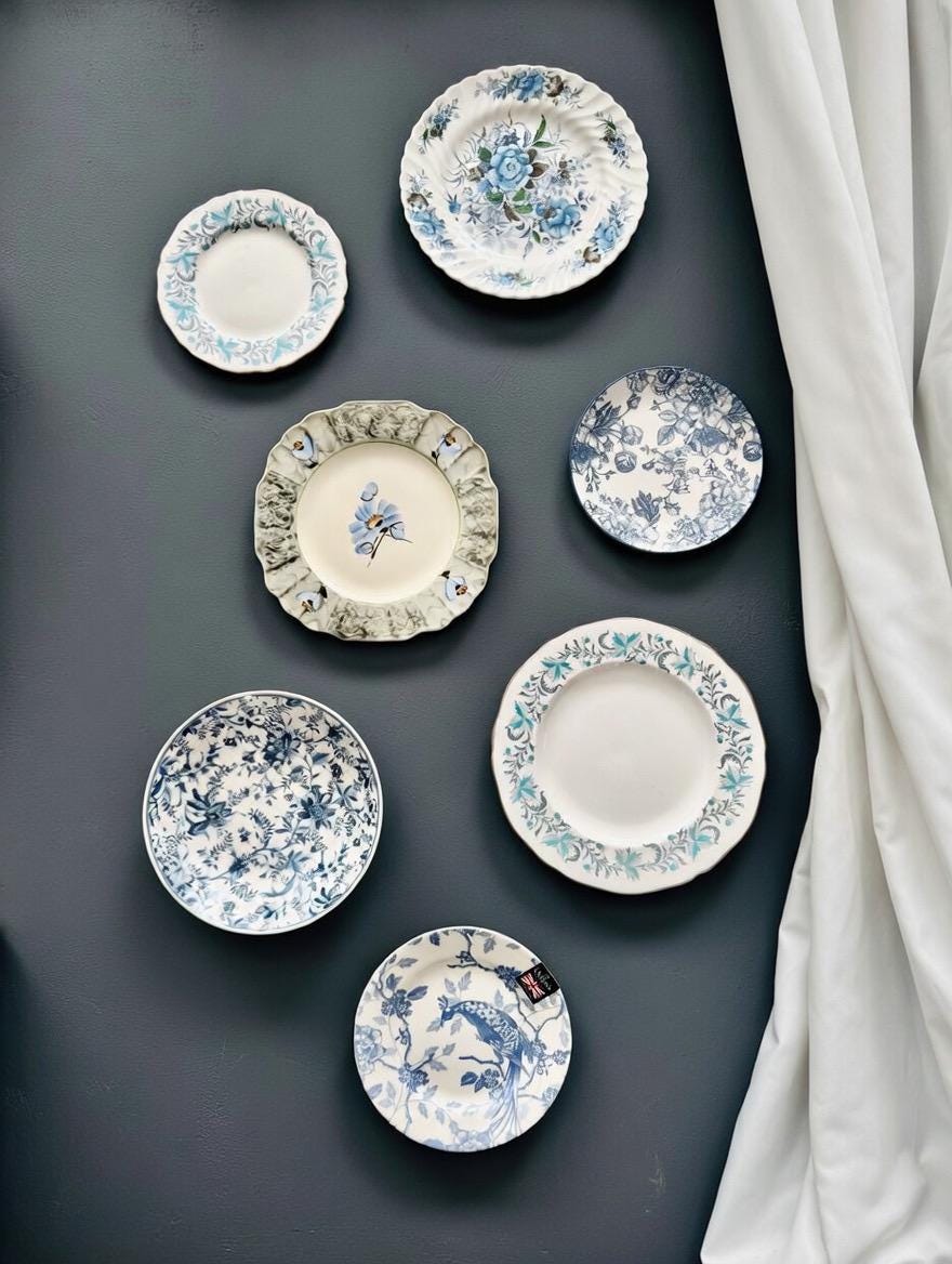 Vintage Blue & White Wall Plate Collection — Curated Set of 7 Decorative Plates, front view