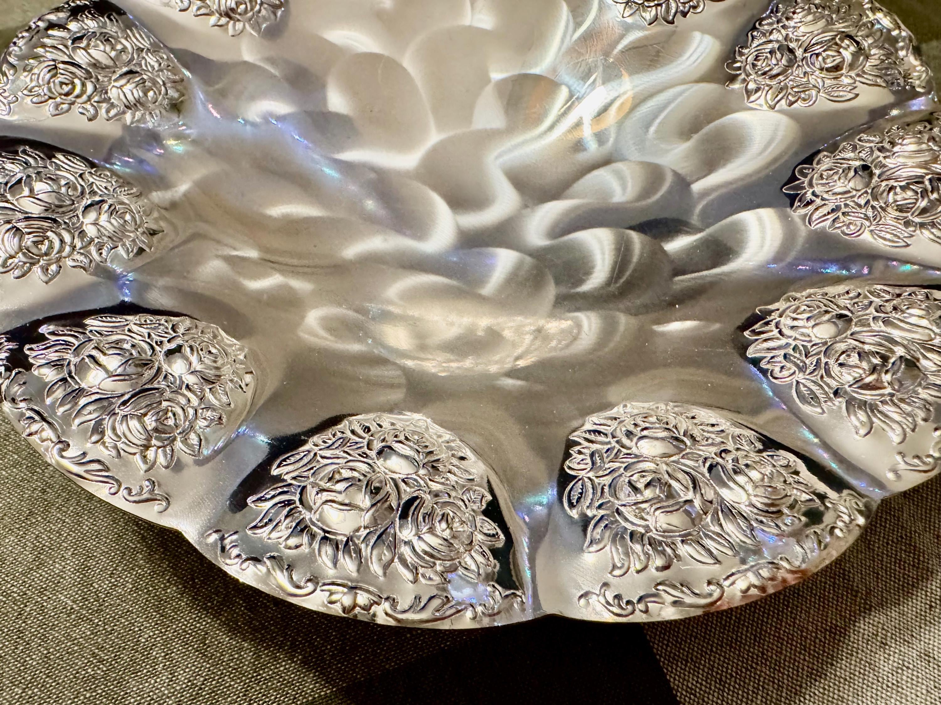 Vintage BMF Silverplated Footed Serving Bowl — Rose Embossed — Made in Western Germany, front view