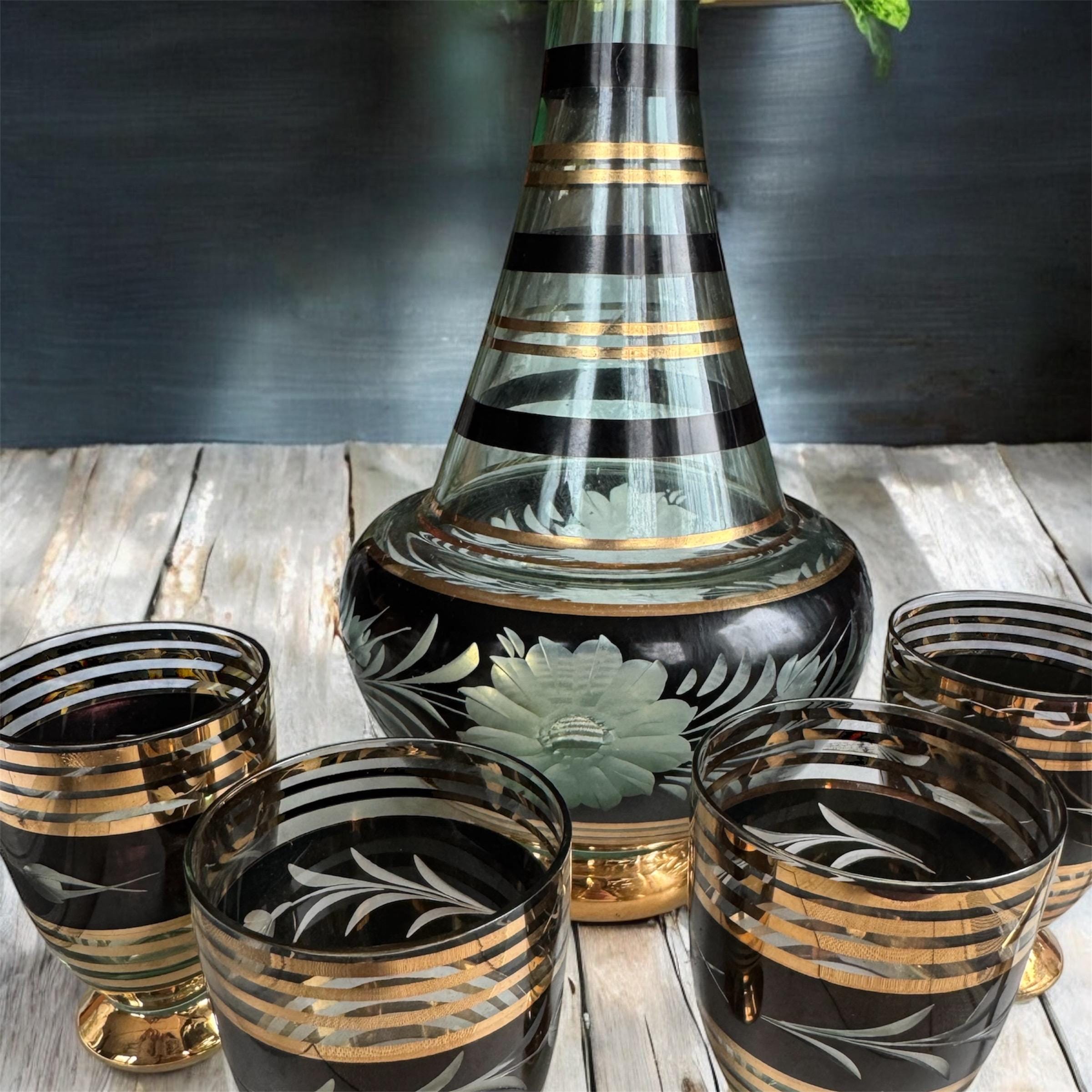 Vintage Bohemia Glass Decanter Set: Hand-Painted 22K Gold, Czechoslovakia, front view