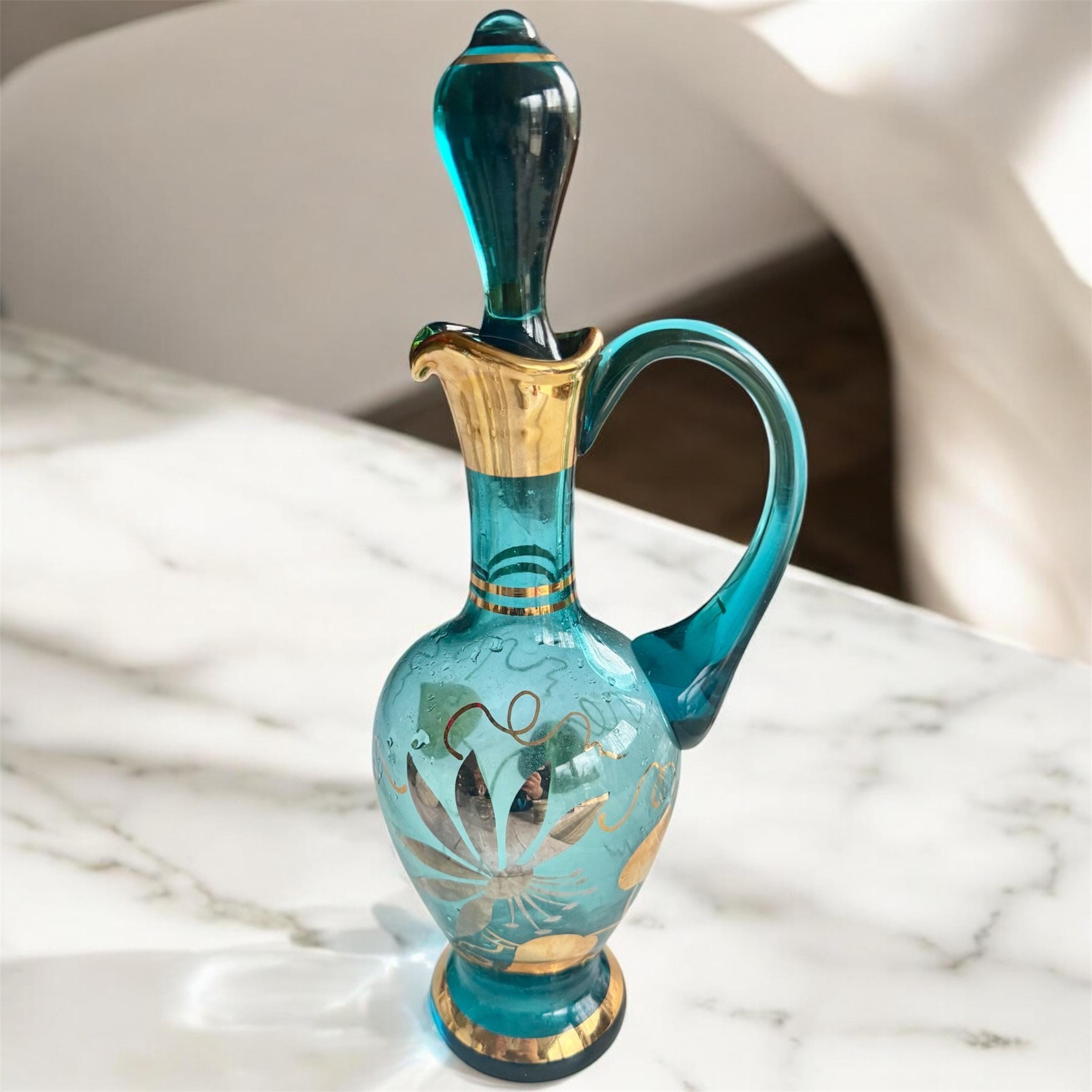 Vintage Bohemia Glass Decanter: Teal Blue, 22K Gold Floral Ewer, front view