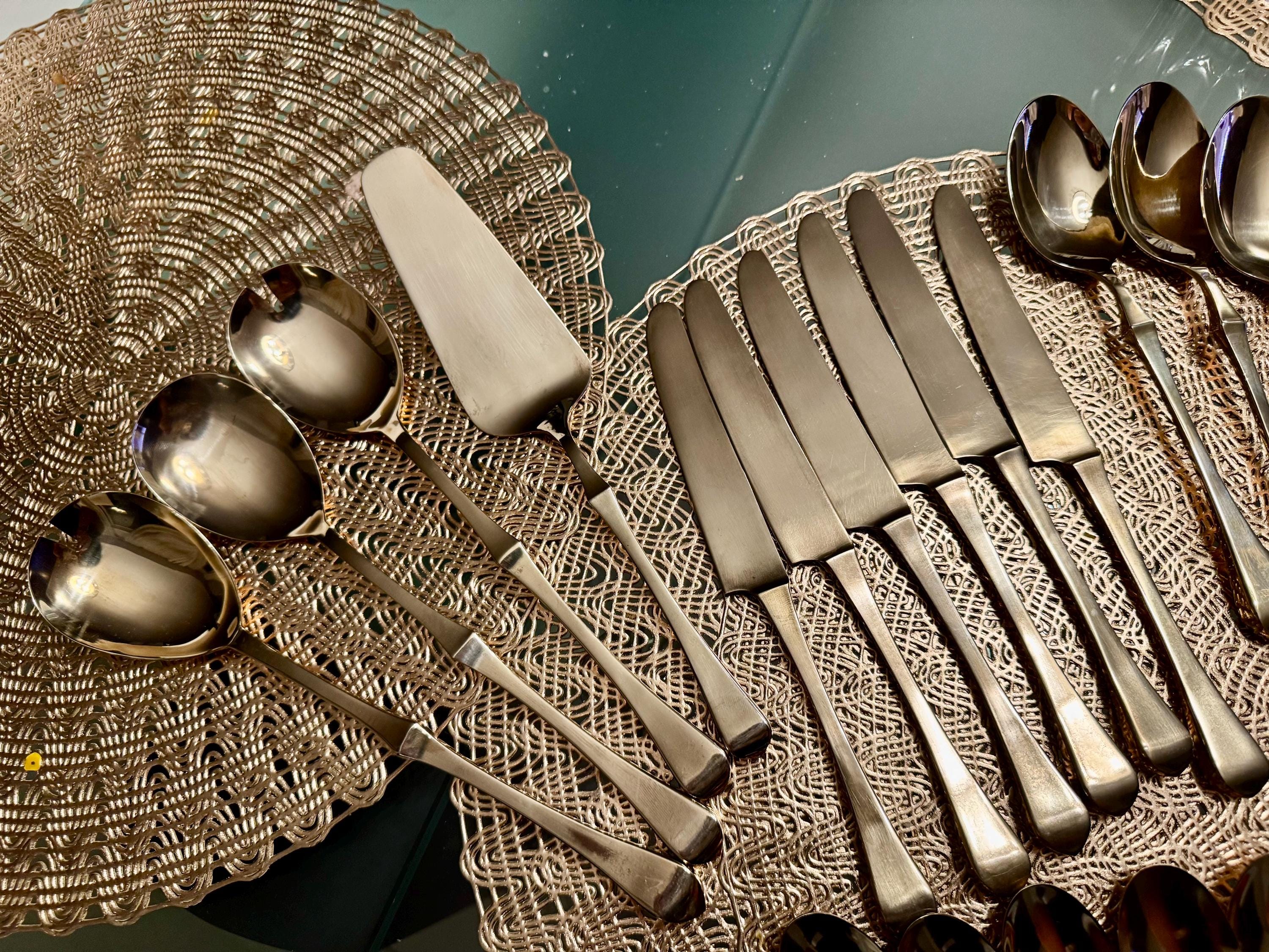 Vintage Brass Complete Flatware Set for 6 Persons Plus Extras - Thailand - 28 Items, front view