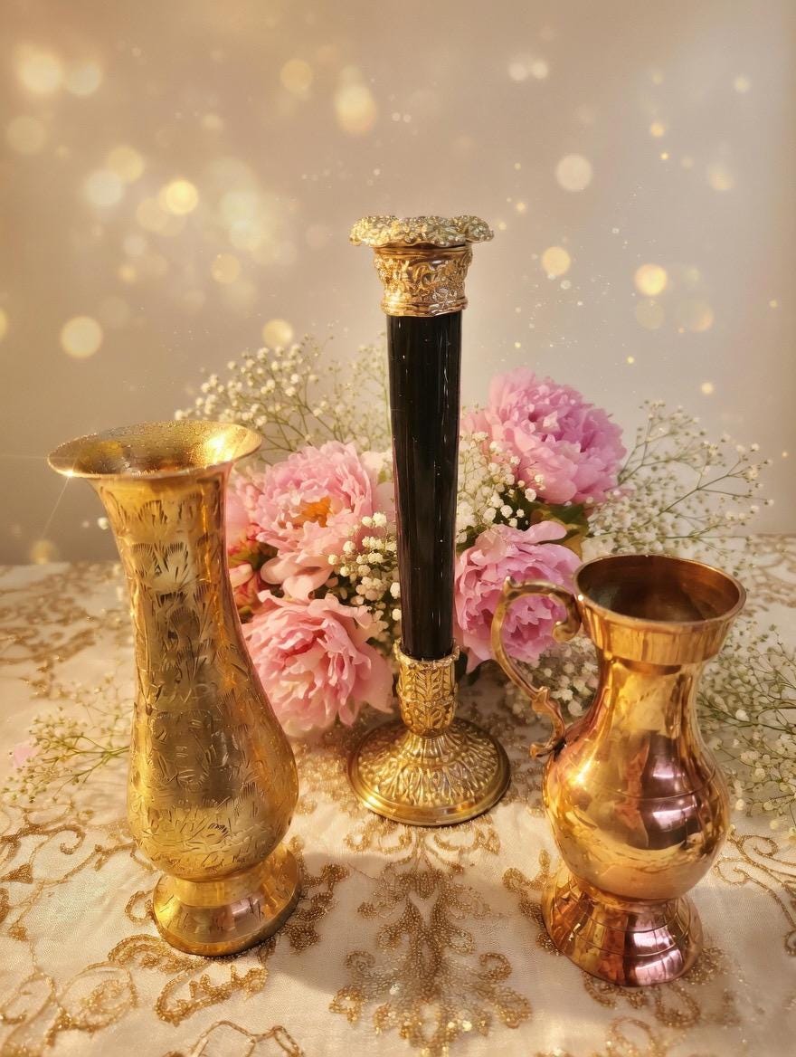 Vintage Brass Decor Collection — Marble Candlestick, Vase & Pitcher, front view