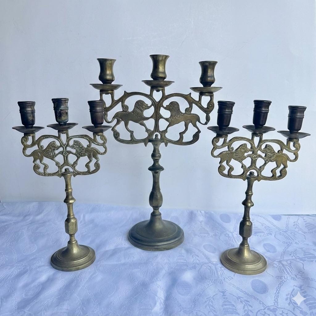 Vintage Brass Lion of Judah Candelabras – Sold individually, front view