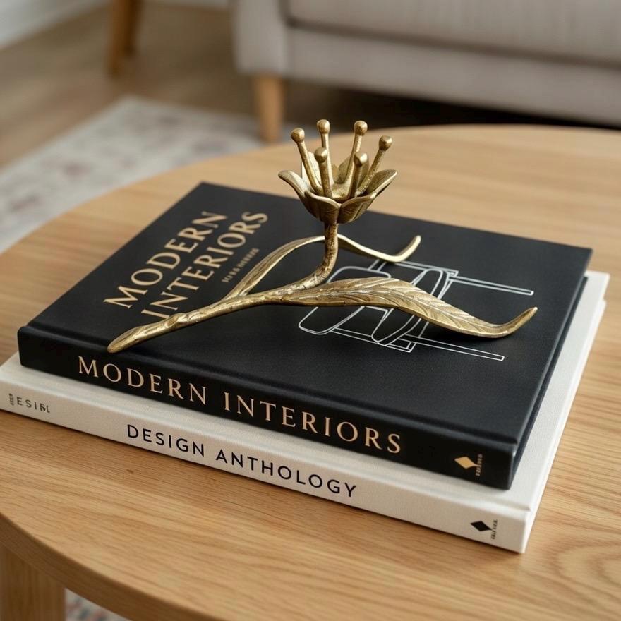 Vintage Brass Lotus Candle Holder – Sculptural Mid Century Brass Decor, front view