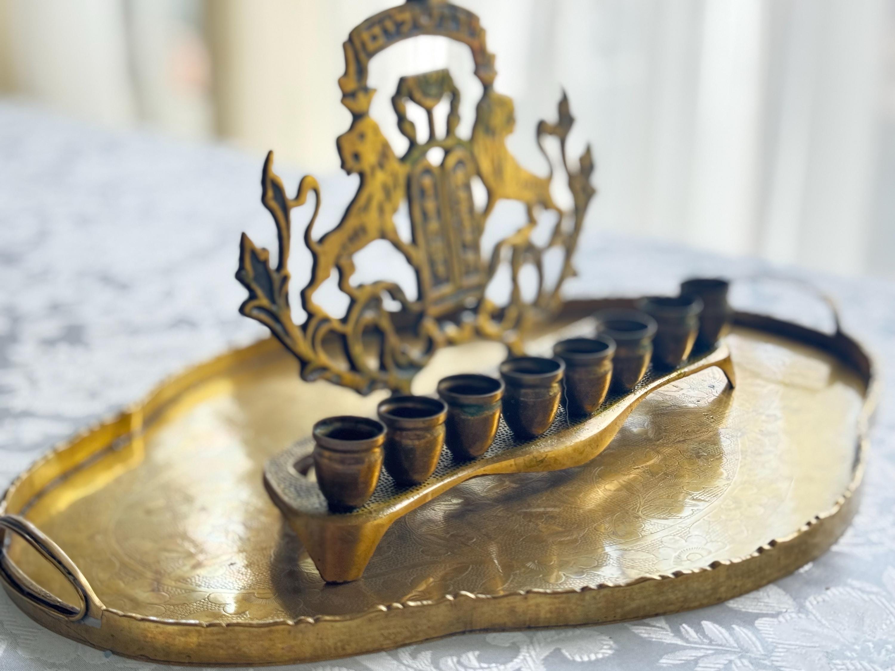 Vintage Brass Menorah — Hanukkia with Lions of Judah & Ten Commandments — On Brass Serving Tray, front view