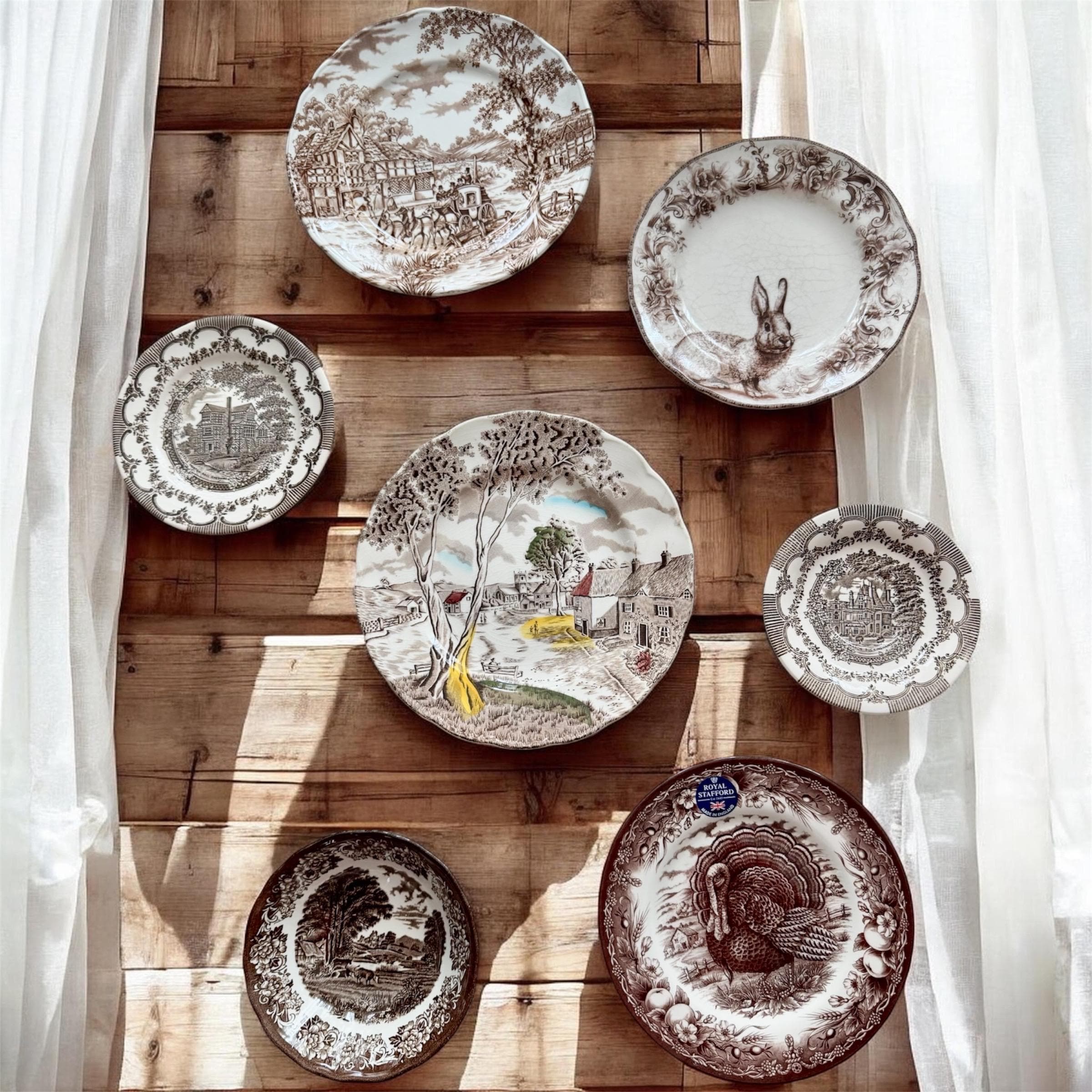 Vintage Brown Transferware Plate Set – Eclectic Gallery Wall Decor, front view