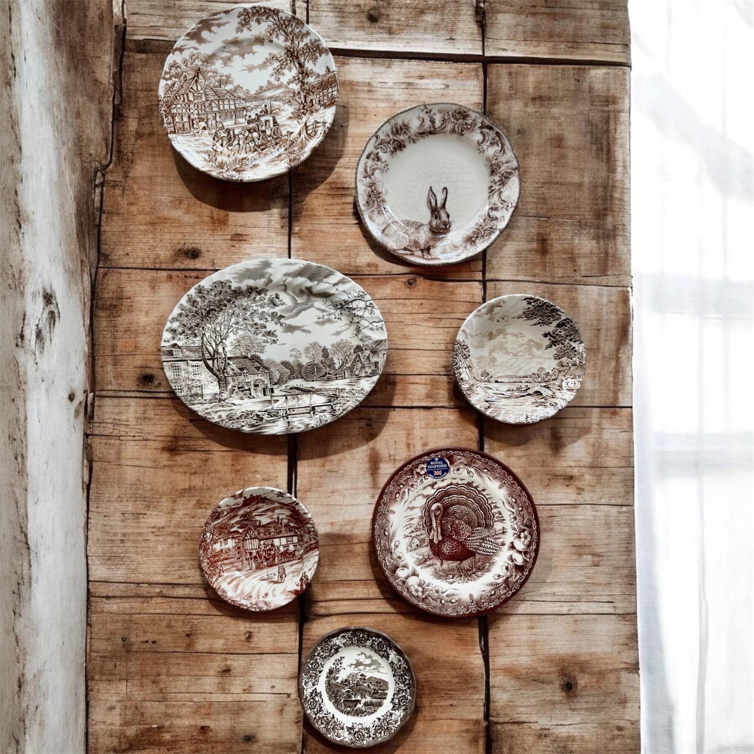 Vintage Brown Transferware Plate Set Cottagecore Wall Decor, front view