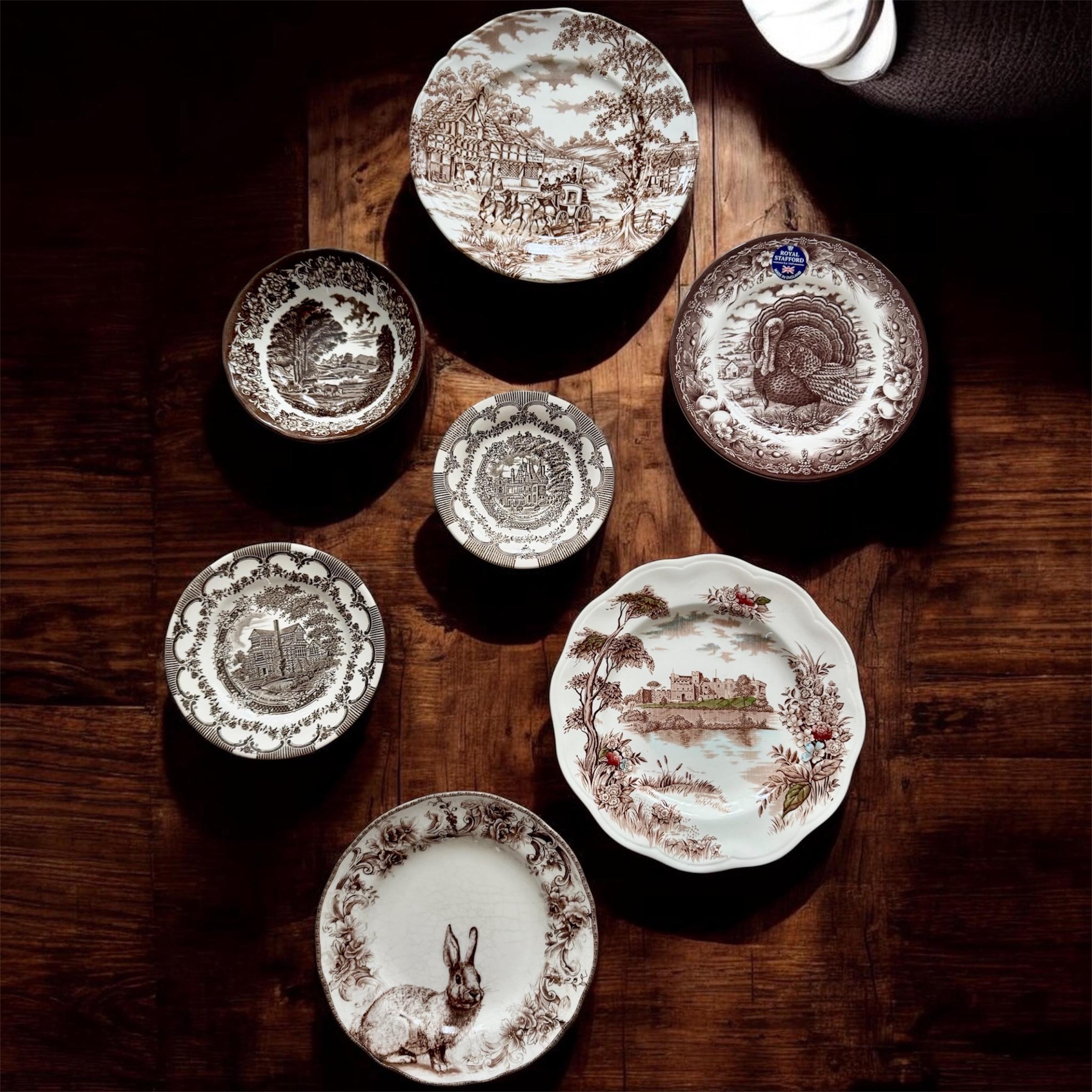 Vintage Brown Transferware Plates – Set of 7 Eclectic Cottagecore Display — Wall Gallery, front view