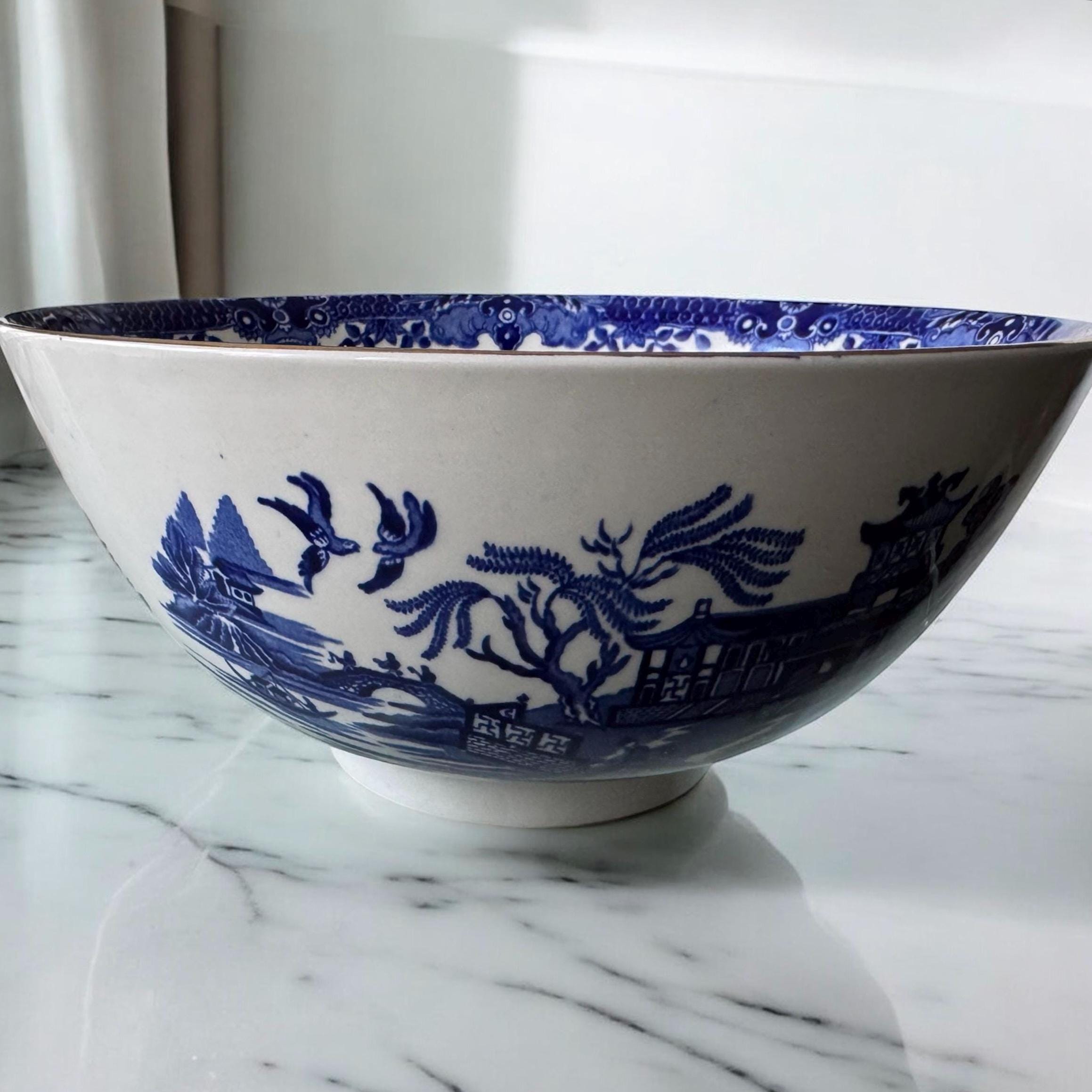 Vintage Burleigh Ware Blue Willow Bowl: Large Ceramic Serving Bowl, front view