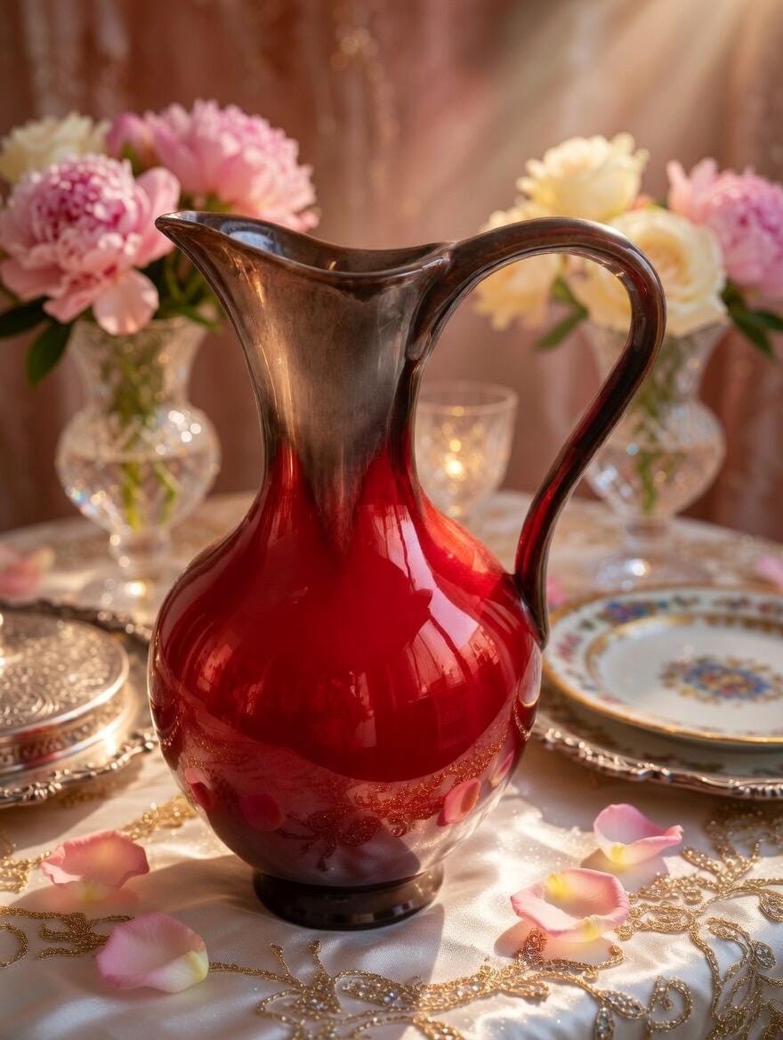 Vintage Canadiana Pottery Pitcher – Red Ombre Glaze, front view