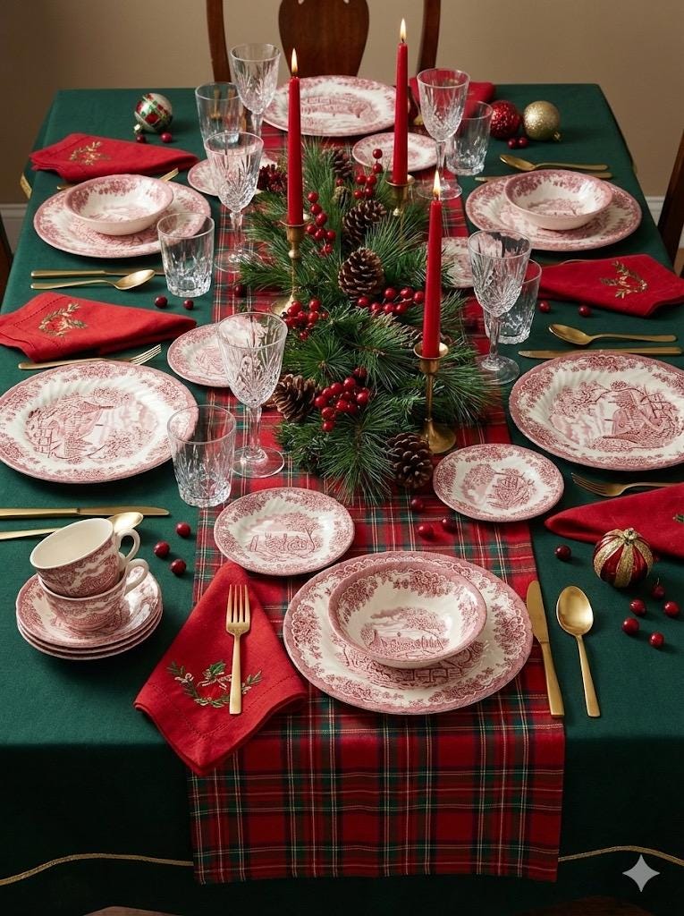 Vintage Churchill England Dinnerware - The Brook in Pink - Dishes Custom Sets - Christmas Table, front view