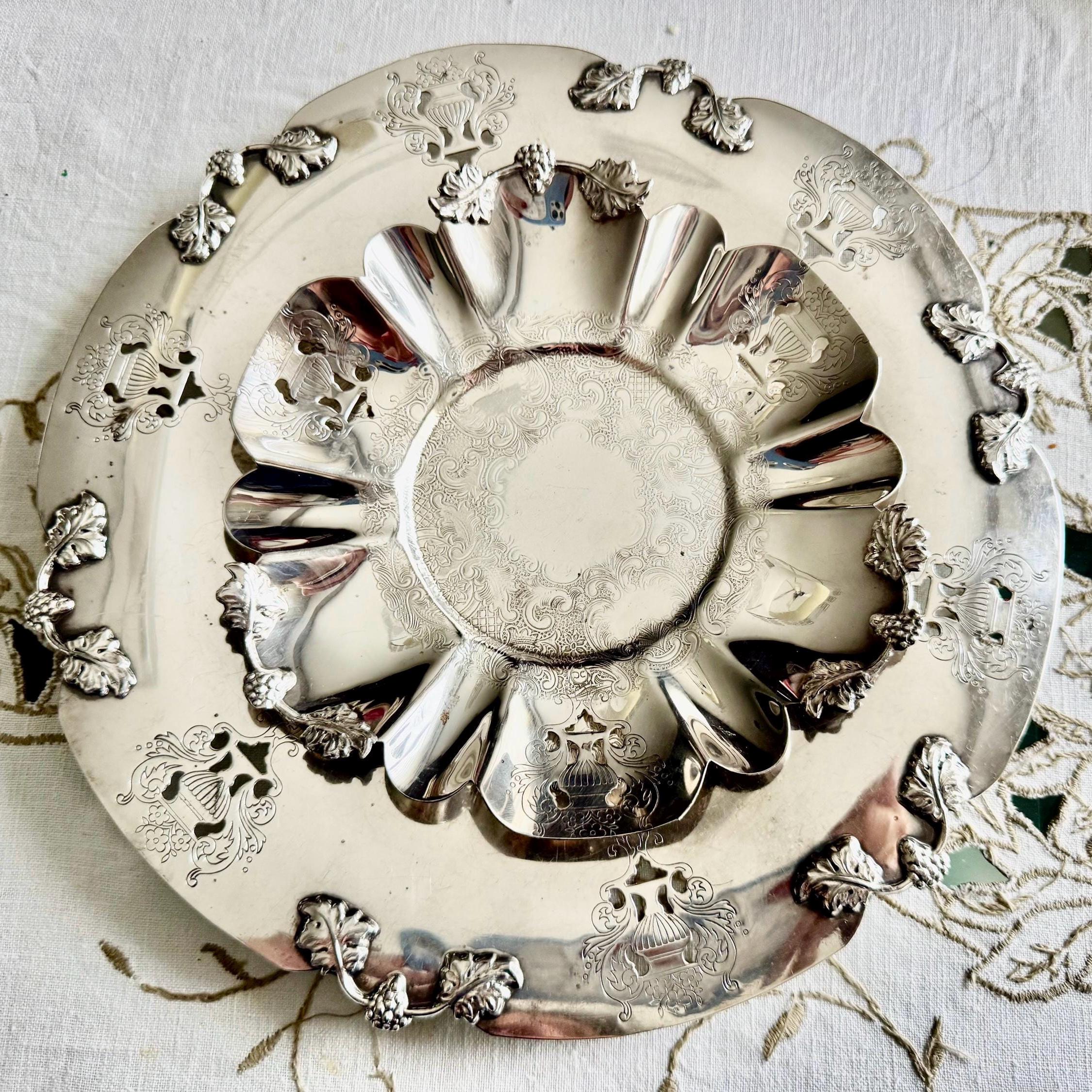 Vintage Coronet Plate EP Copper Trays Pair Silverplate Grape Vine & Floral Urn Platters, front view