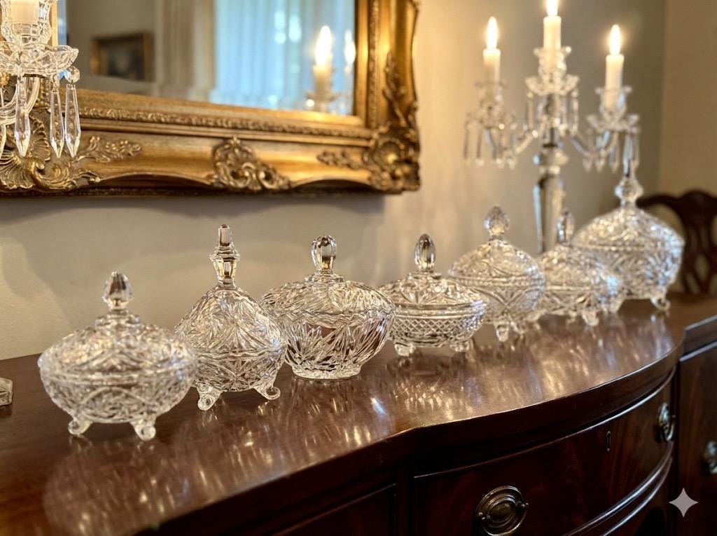 Vintage Crystal Candy Dish with Lid: Cut Glass Trinket Jar, front view