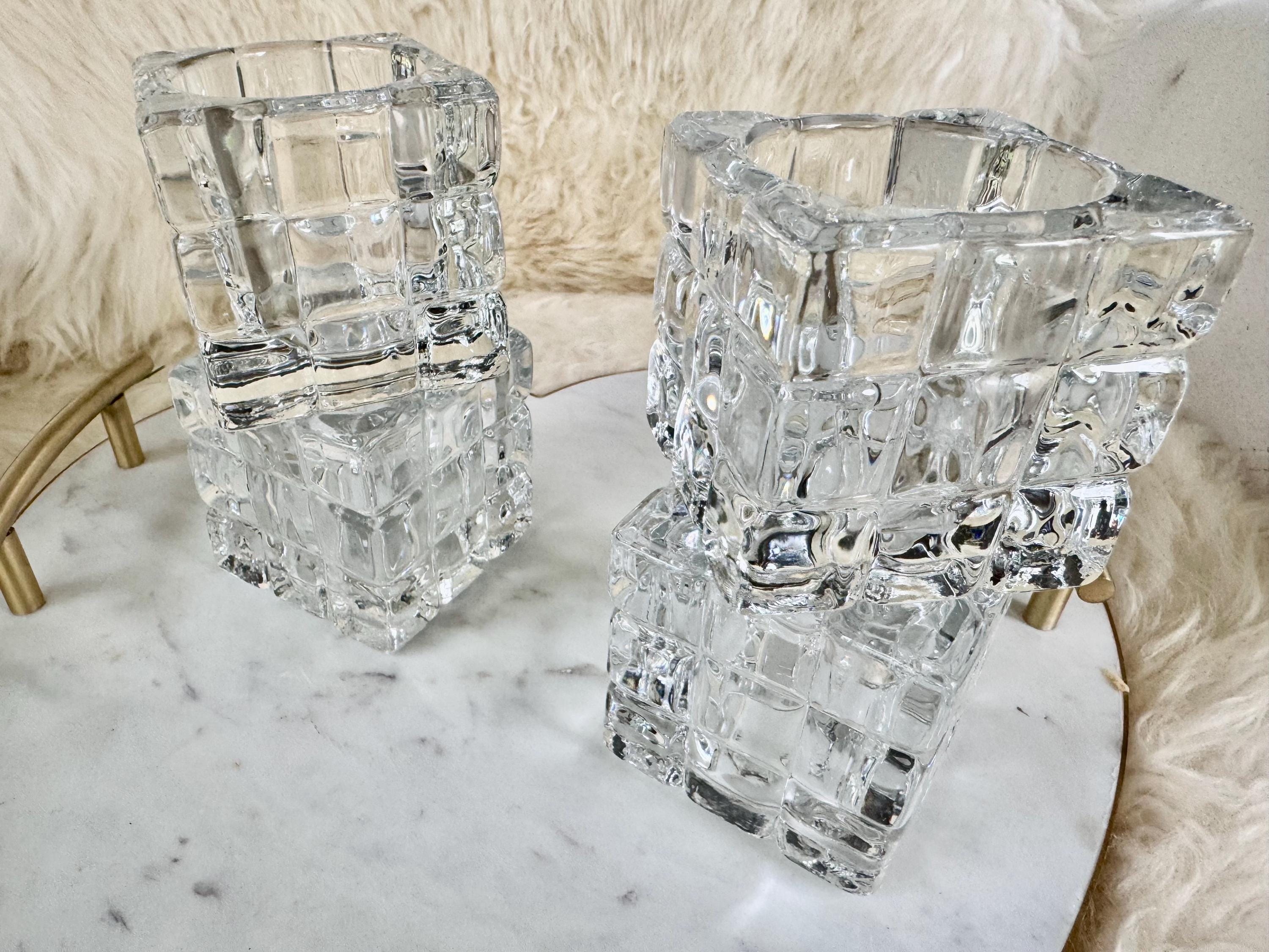 Vintage Crystal Cube Candle Holders: Mid-Century Modern Taper Pair, front view