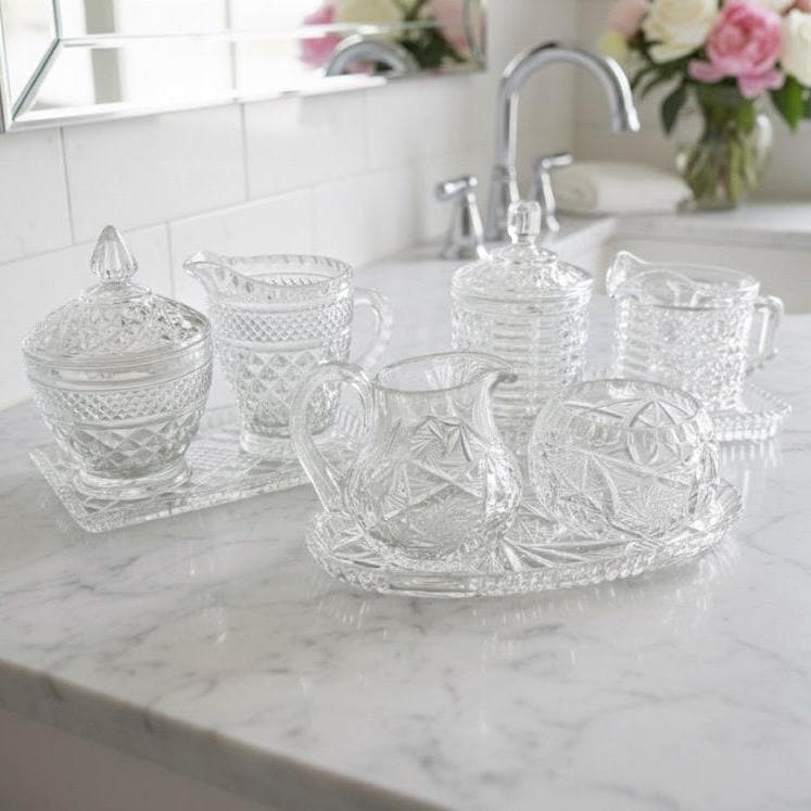 Vintage Cut Glass or Crystal Vanity Set, front view