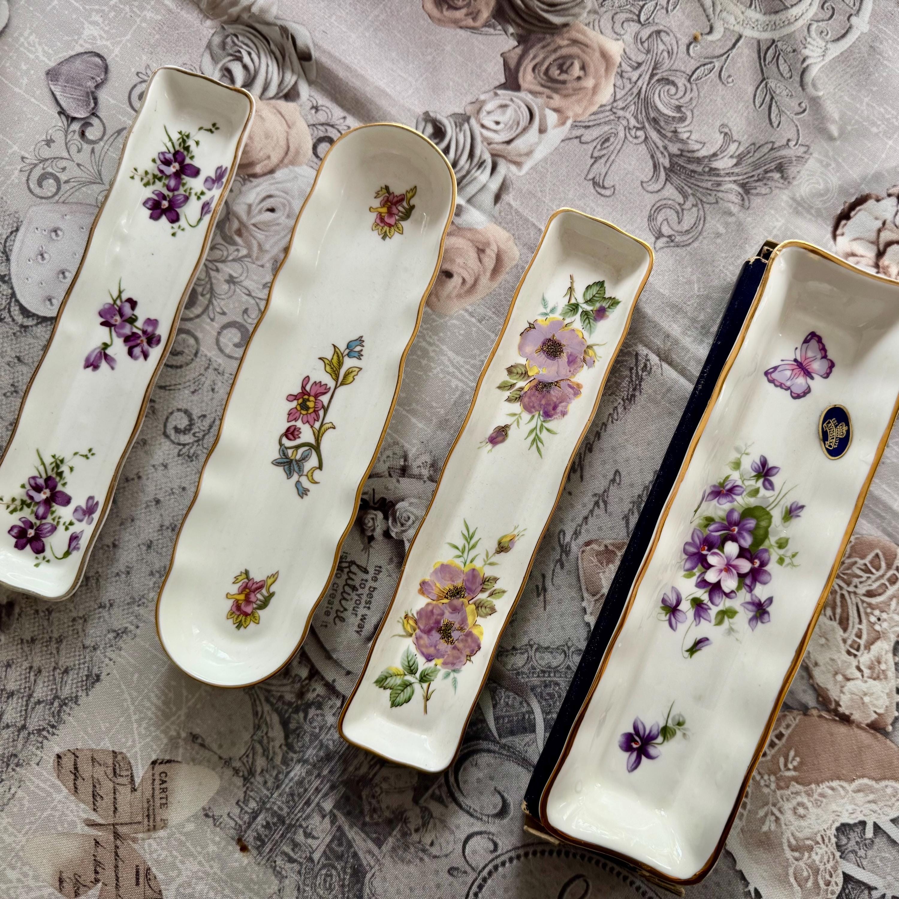 Vintage English Bone China Olive Tray: Pink Roses, Gold Trim, front view