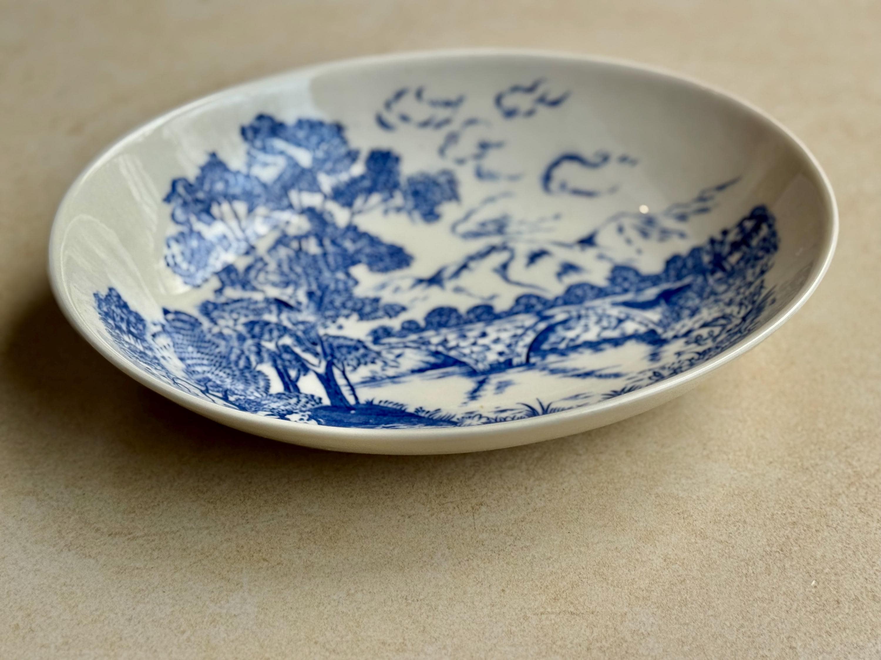 Vintage “English Country Garden” Blue & White Oval Serving Dish – Made in Japan, front view