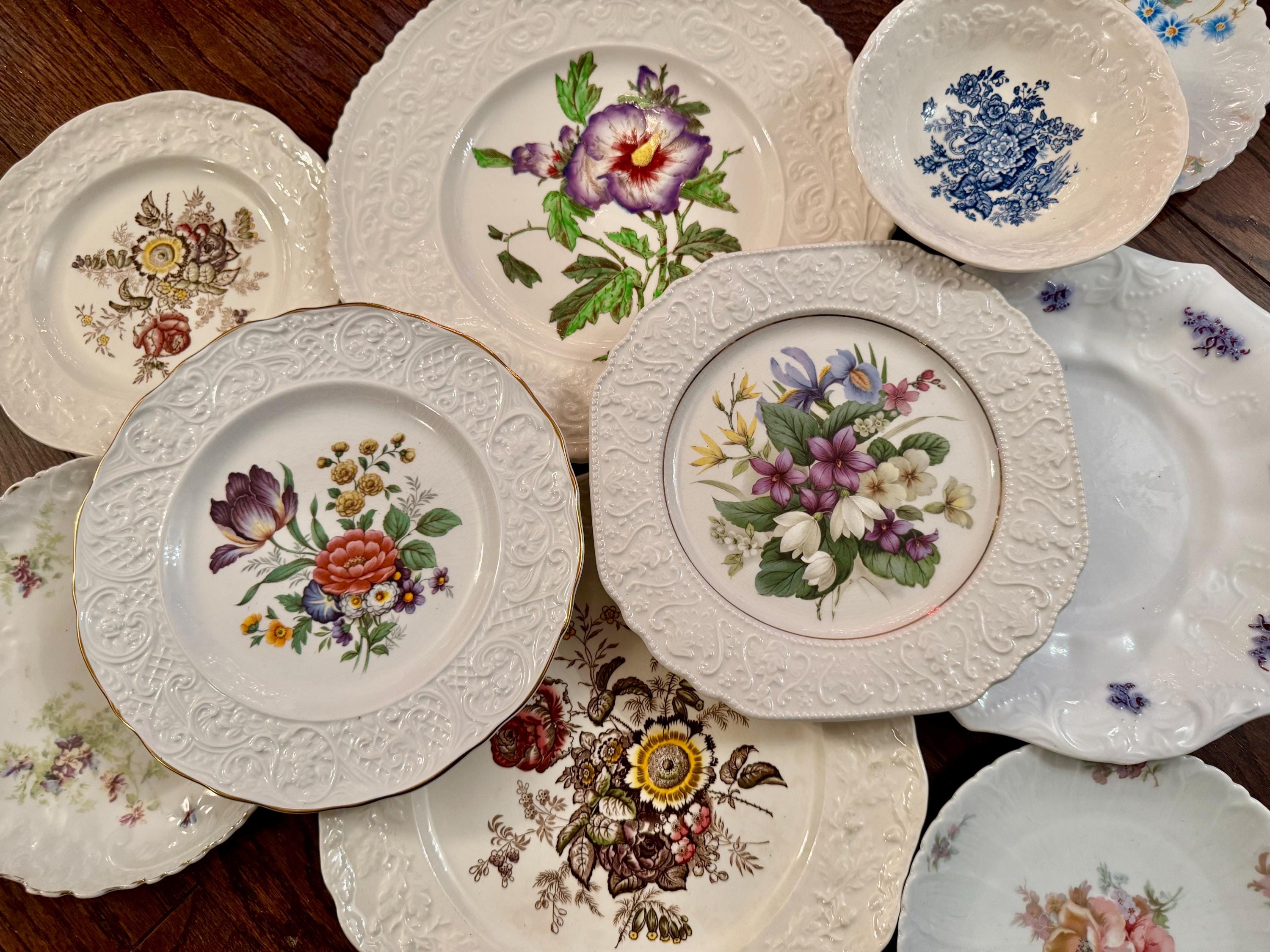Vintage Floral Plate Set: Embossed English & European Cottagecore Decor, front view