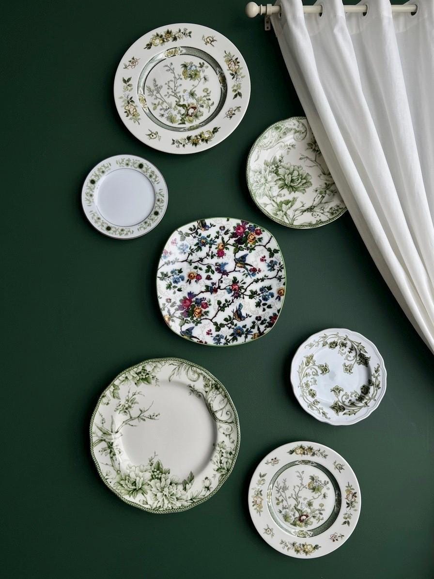 Vintage Green Botanical Plate Gallery Set – Mismatched Floral Collection (7 Plates), front view