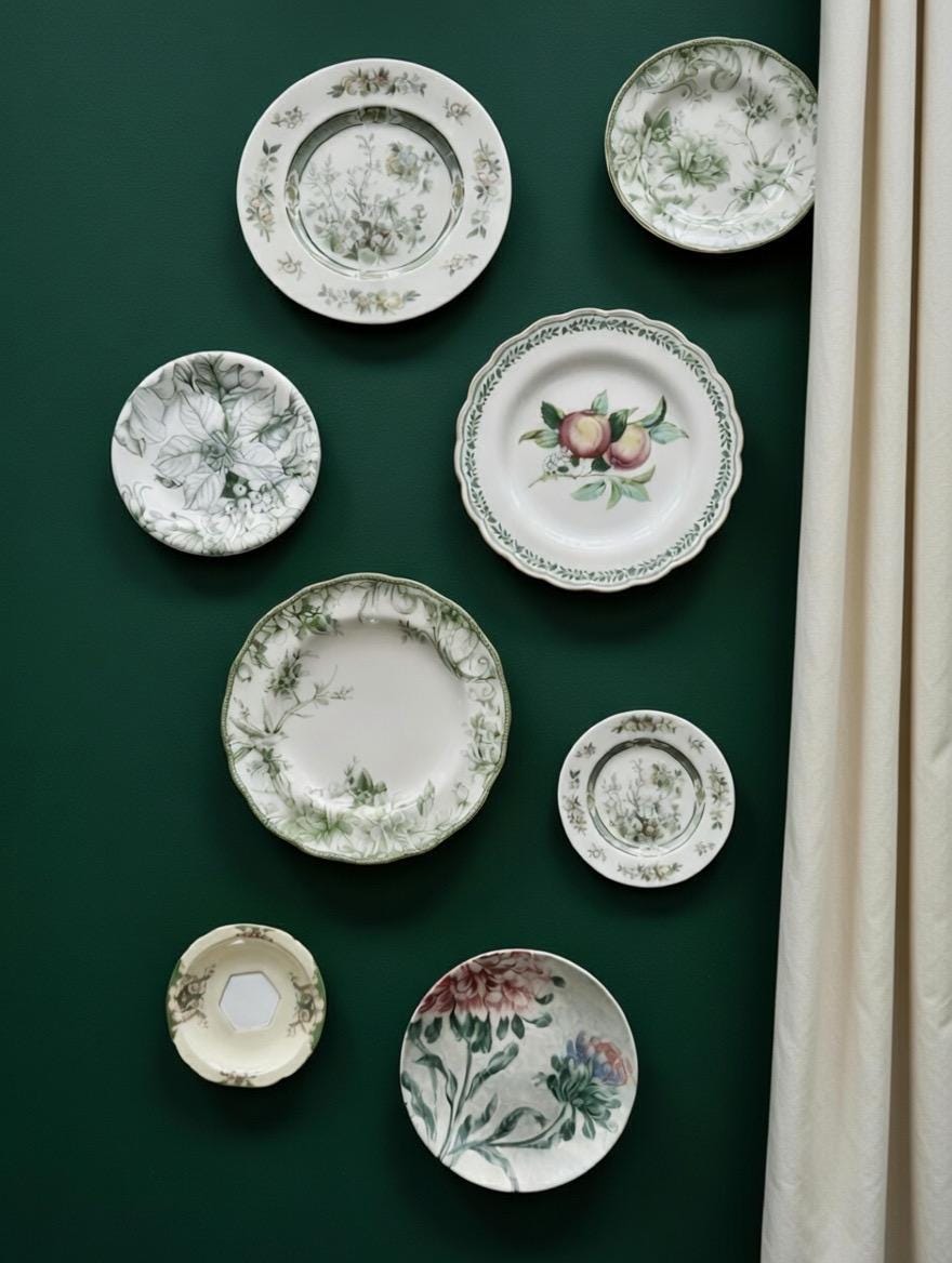 Vintage Green & White Plate Wall Gallery Collection – Curated Floral Plates Display, front view