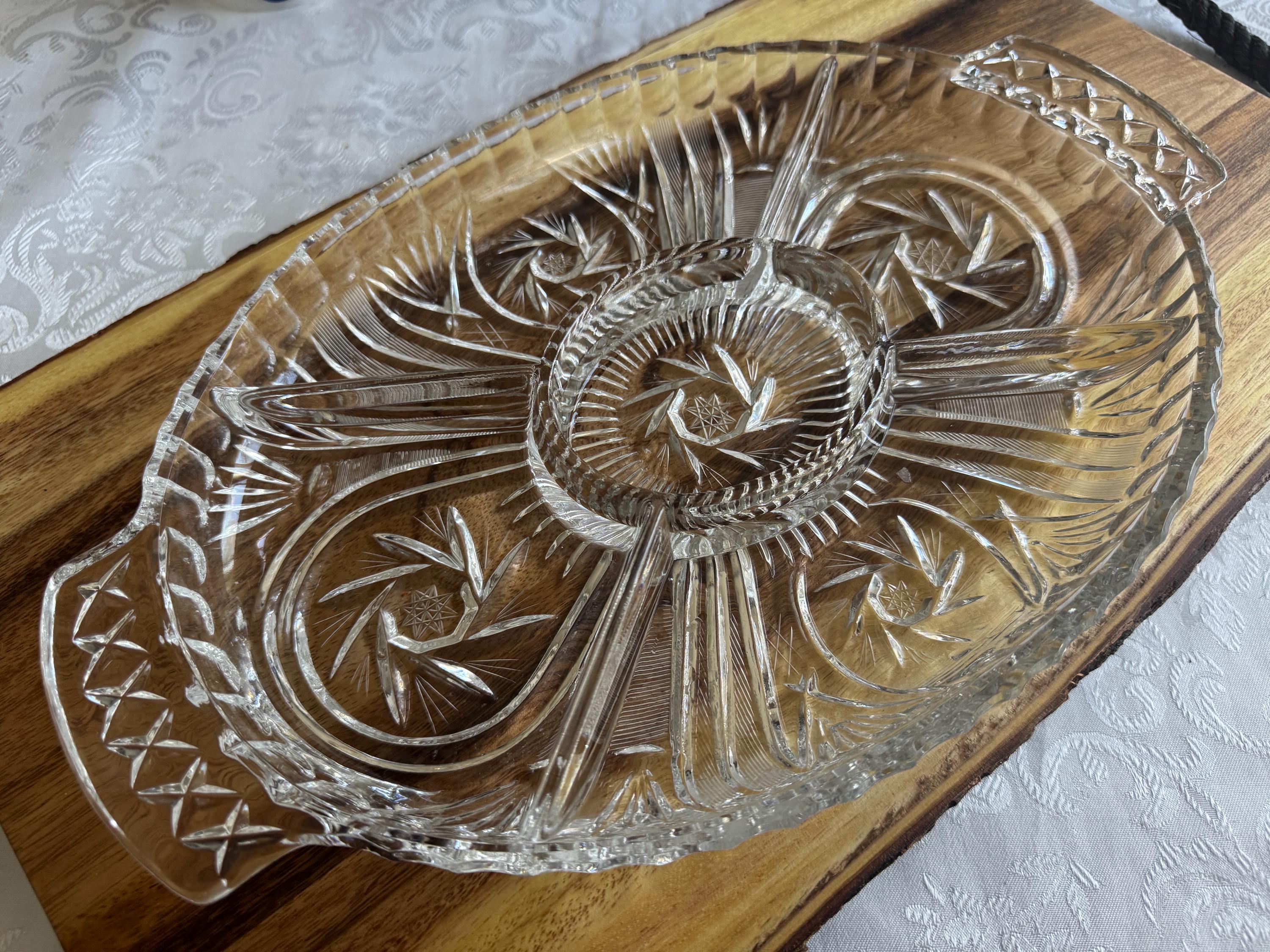 Vintage Heavy Divided Crystal Hors D'Oeuvres Tray: Starburst Crystal Nibbles Dish, front view