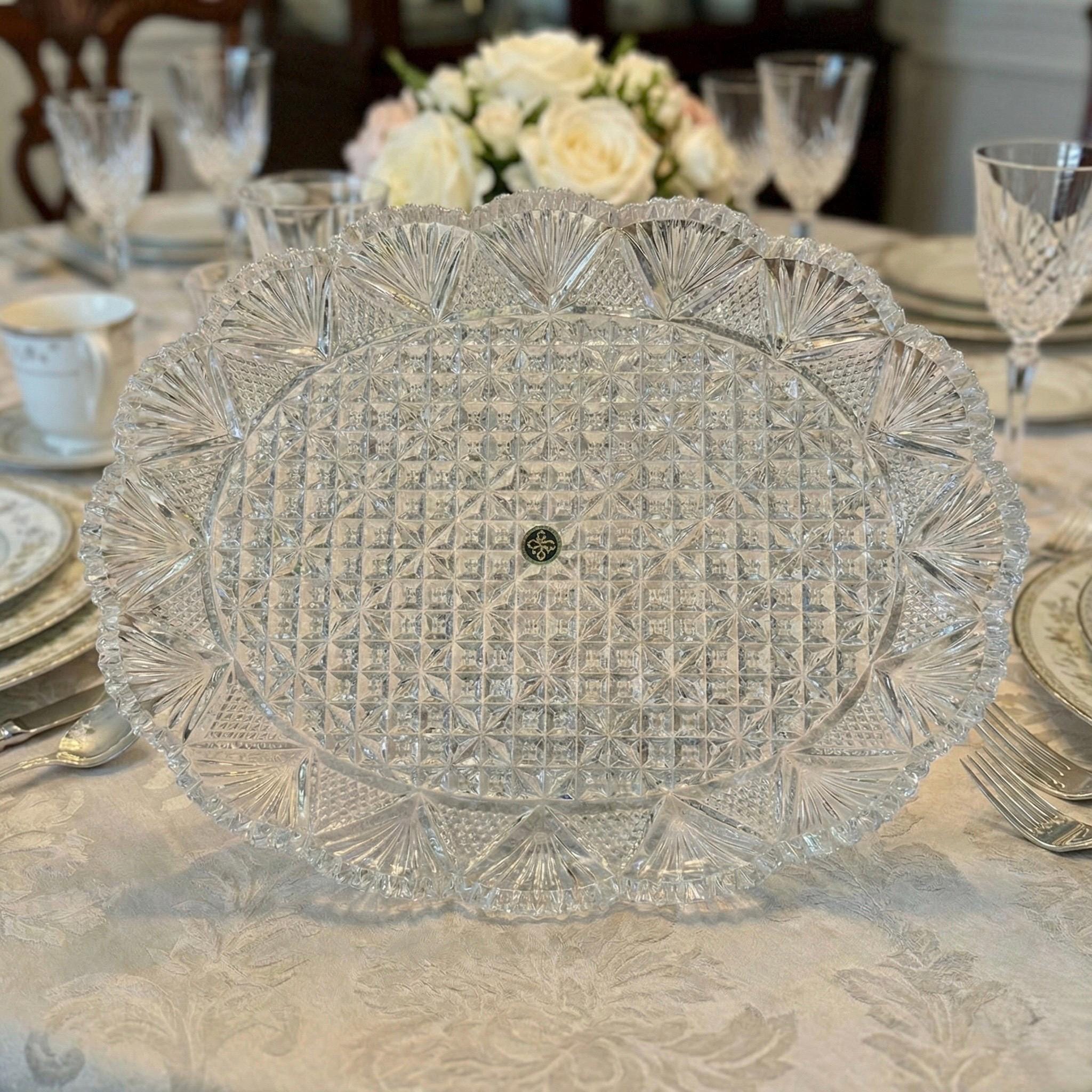 Vintage Hofbauer Crystal Oval Serving Platter — Unused, Made in Japan, front view